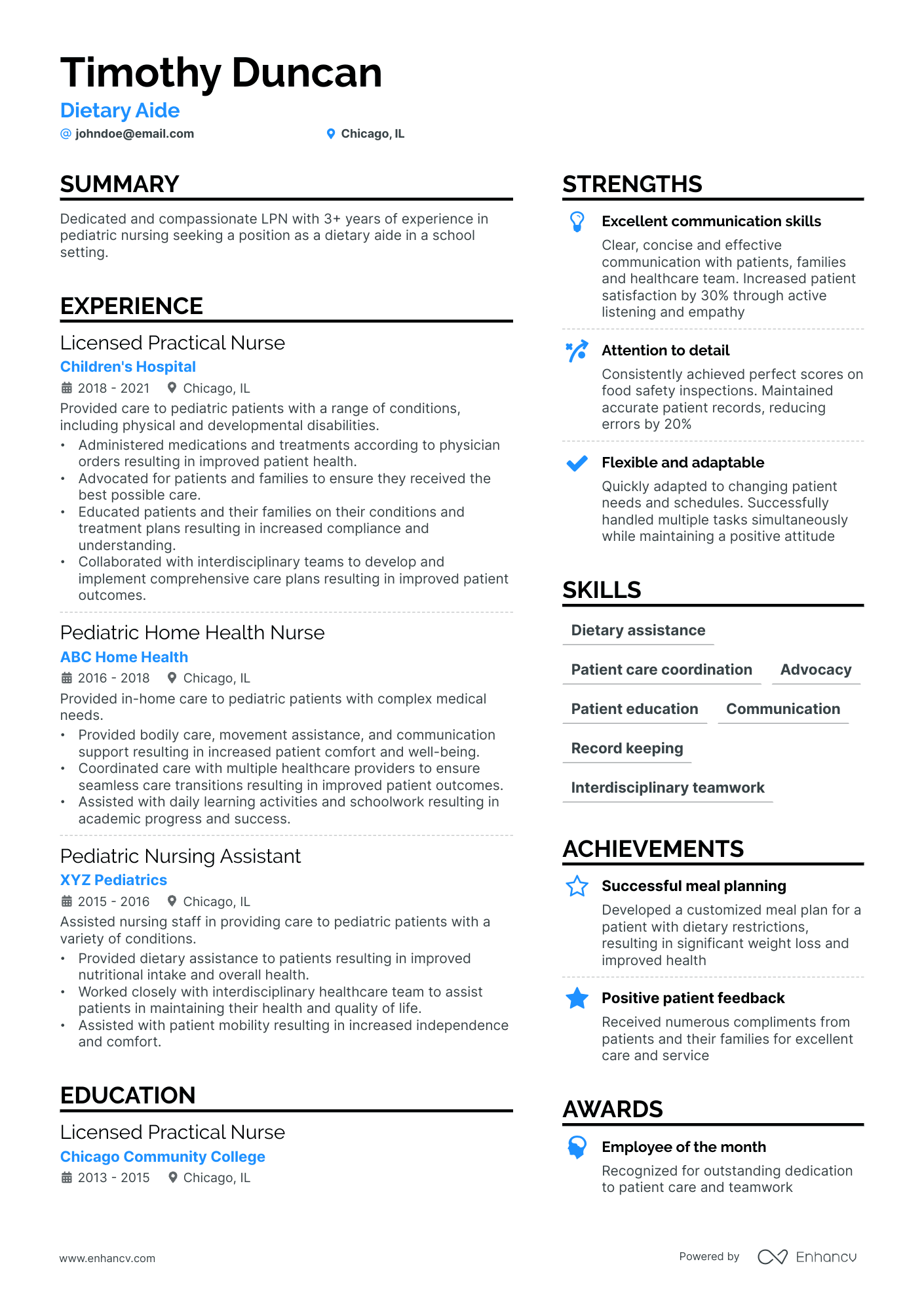 A resume example of a Dietary Aide