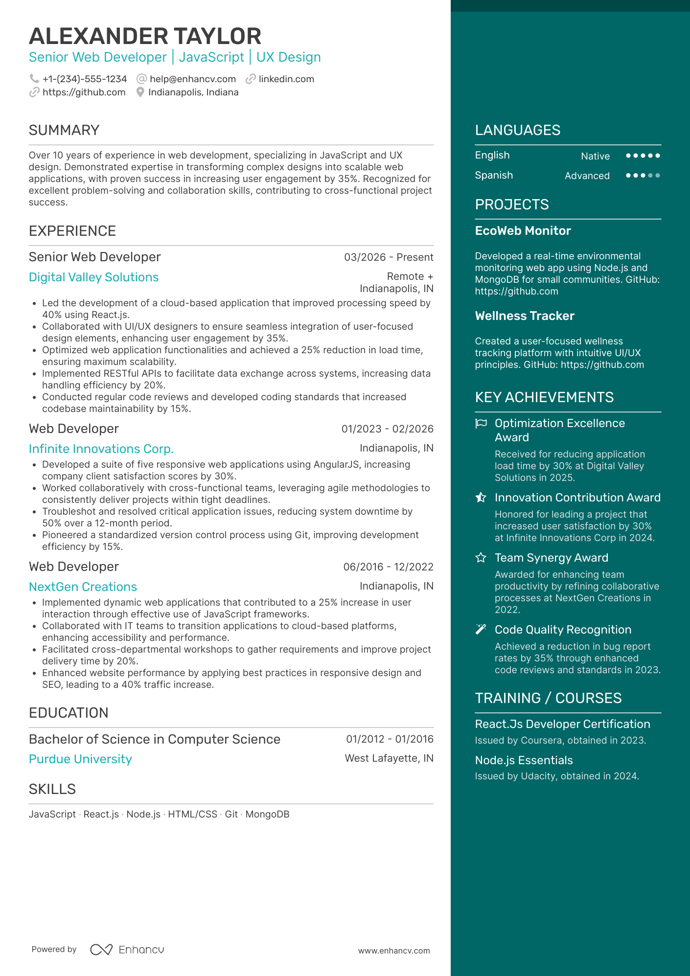 A resume example of a Web Developer Specialist