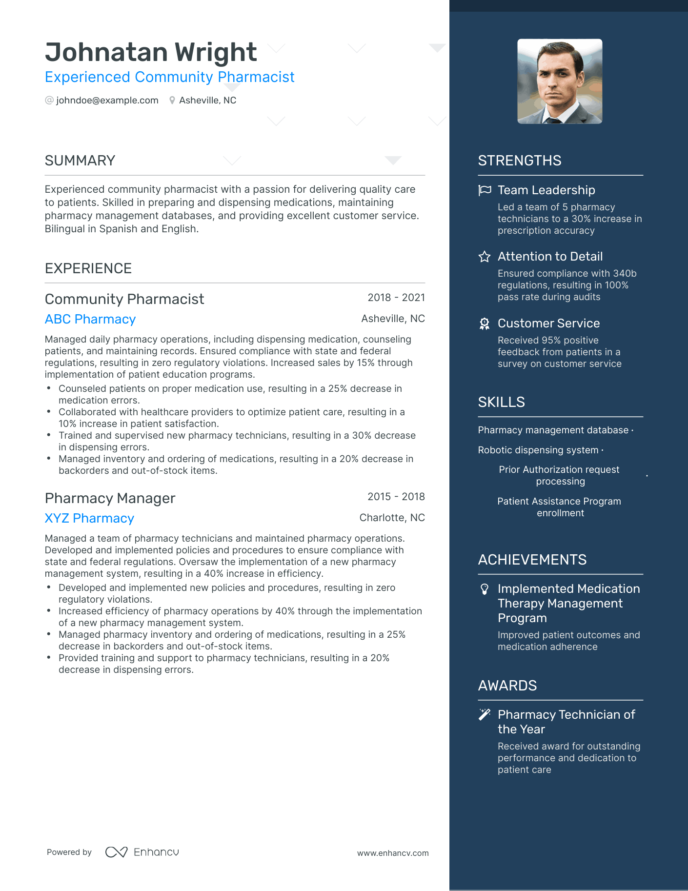 One Page Community Pharmacist Resume Template