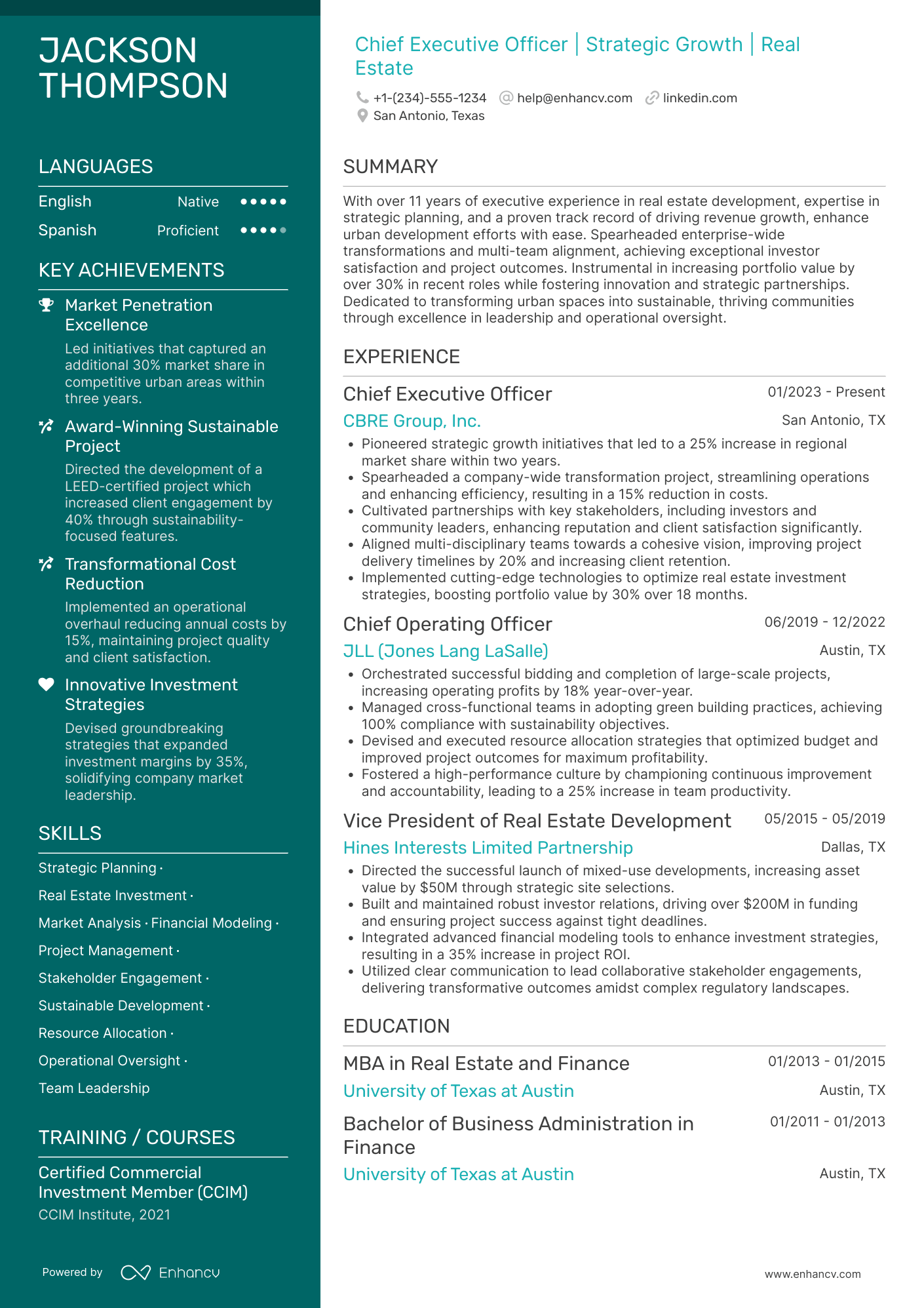 A resume example of a Real Estate CEO