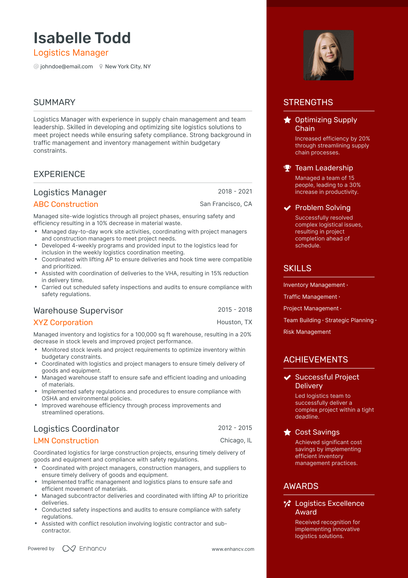 One Page Logistic Manager Resume Template