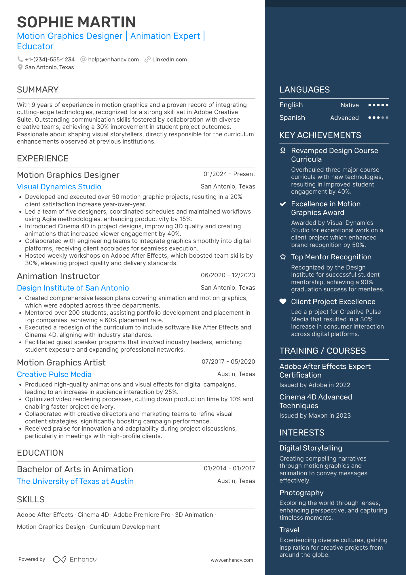 A resume example of a Motion Graphics Instructor