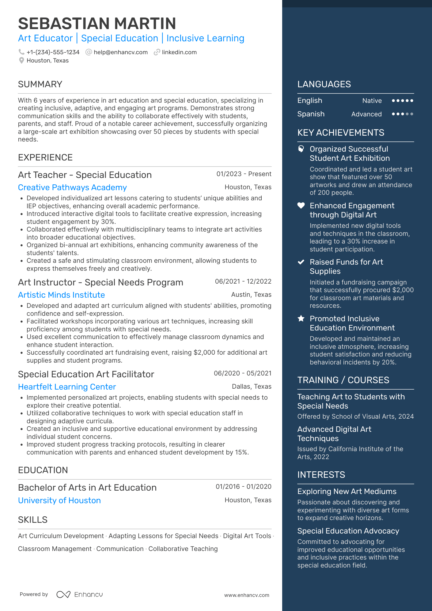 A resume example of a Art Teacher Special Education