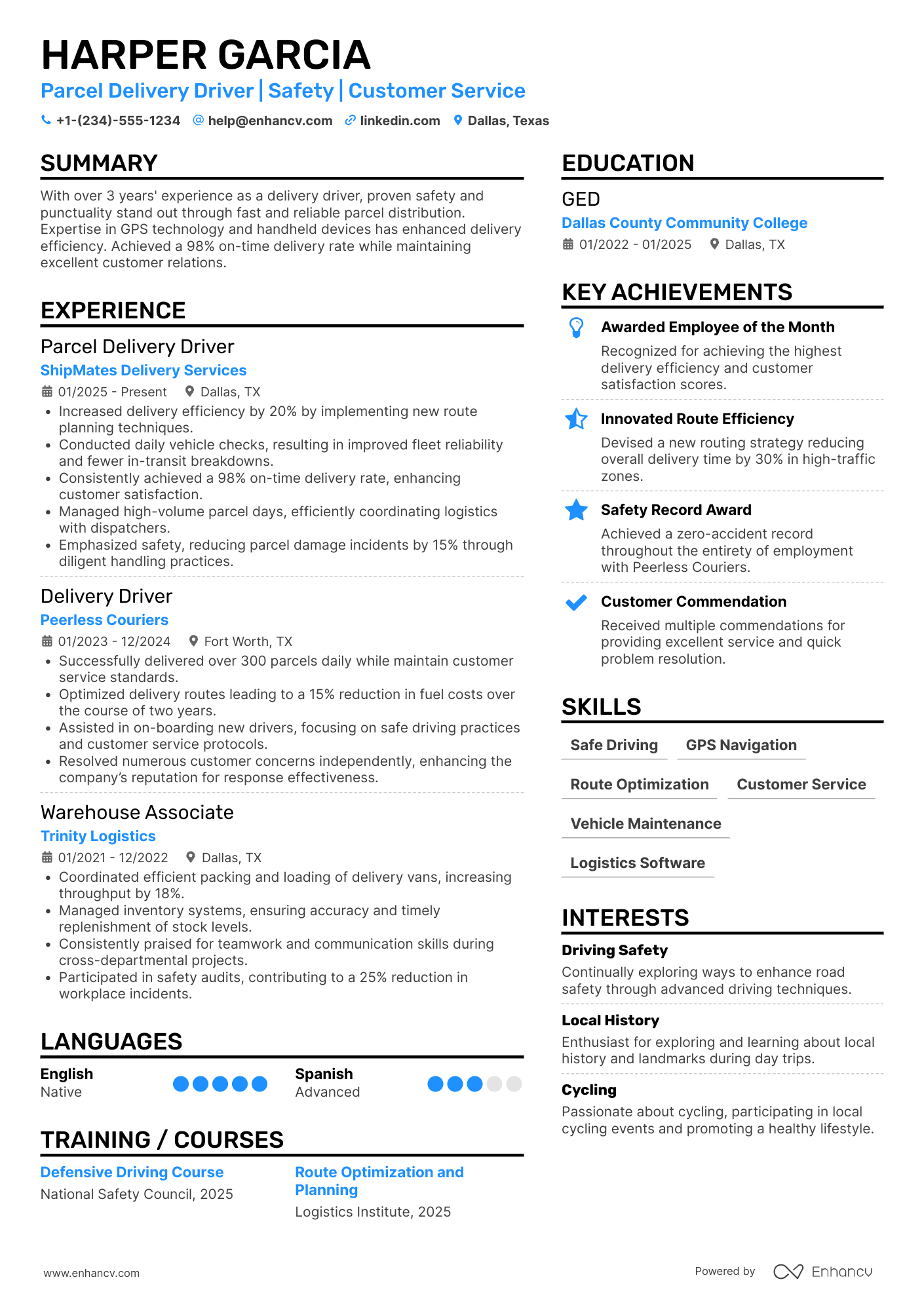 A resume example of a Parcel Delivery Driver