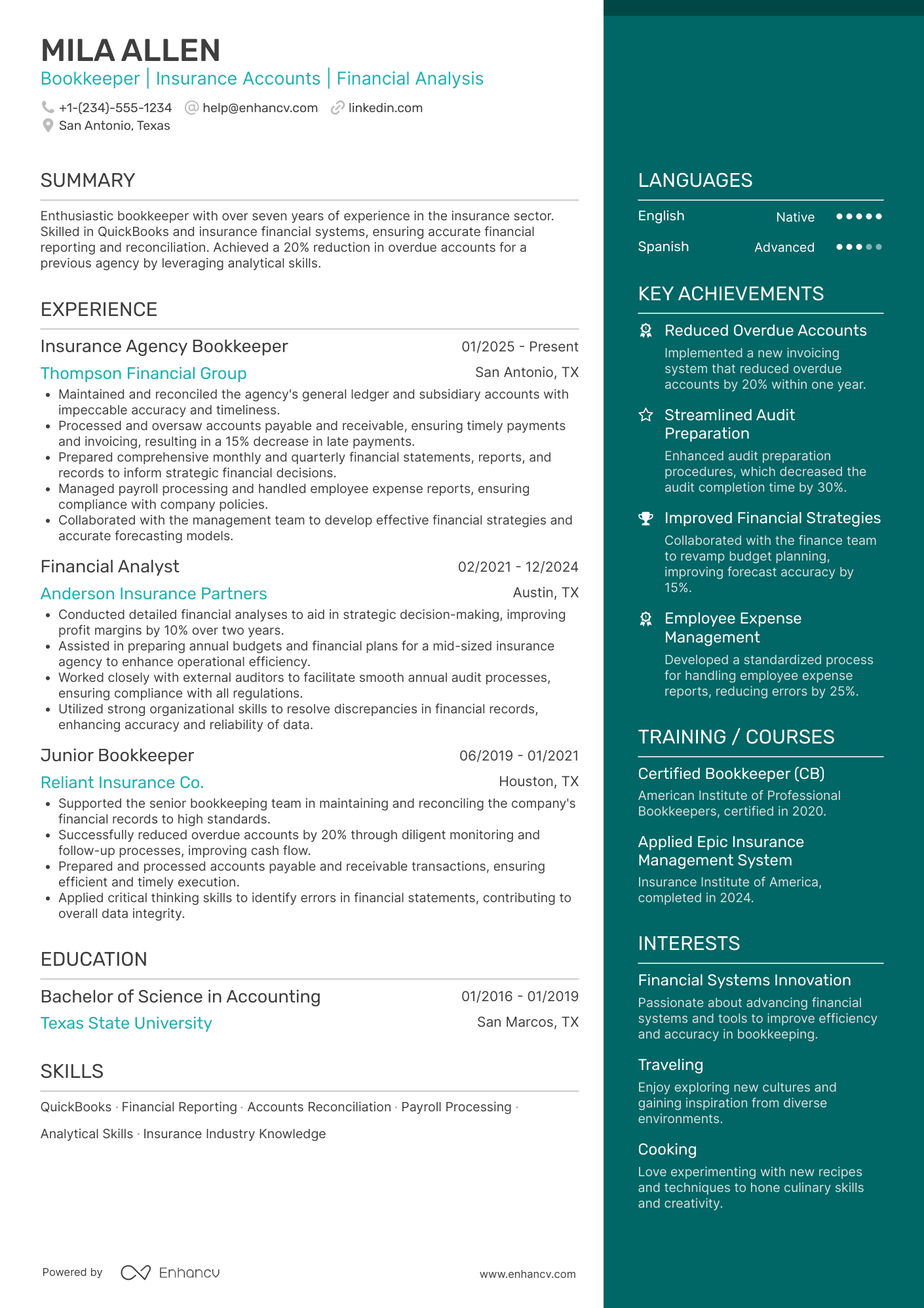 A resume example of a Insurance Agency Bookkeeper