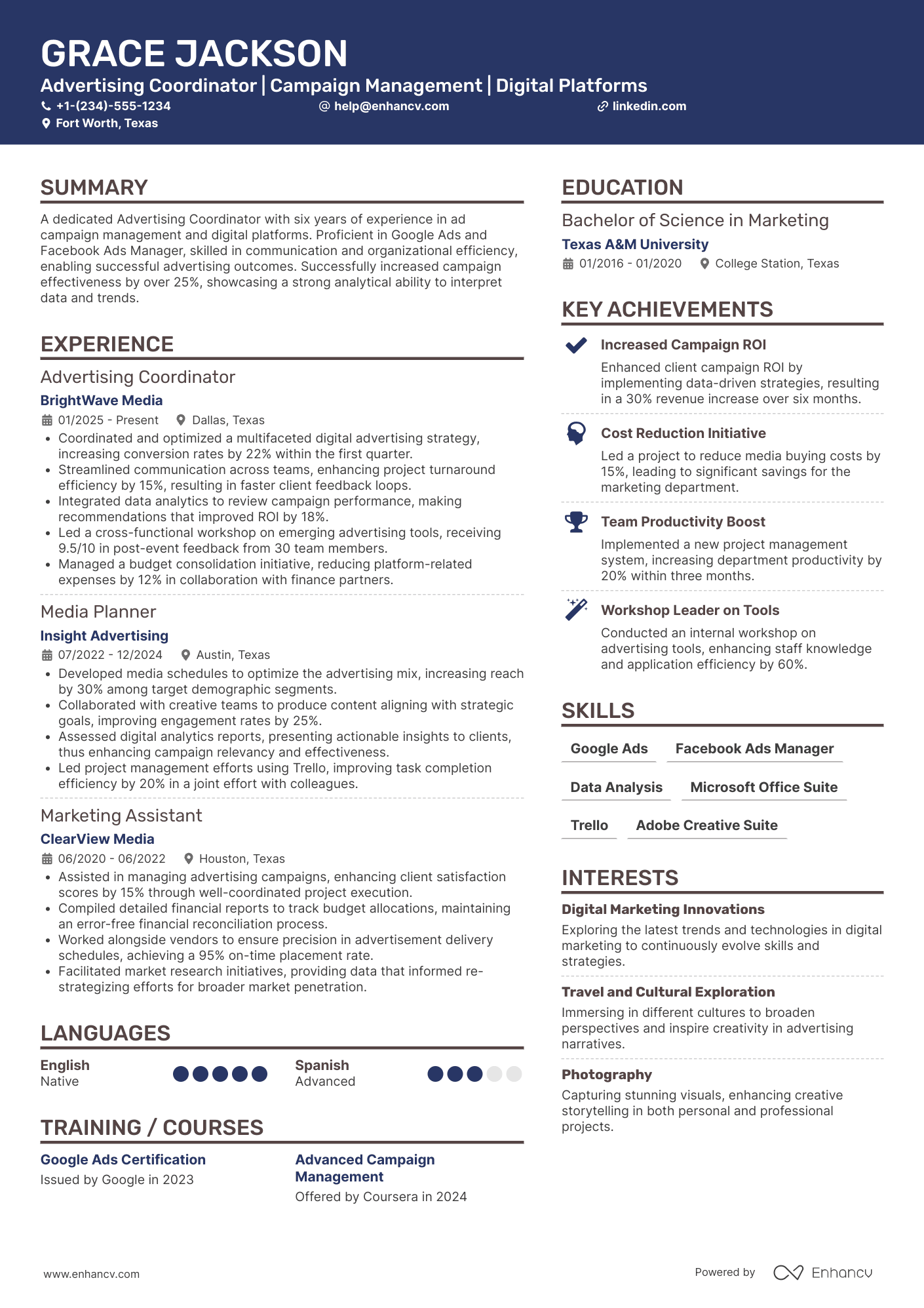 A resume example of a Advertising Coordinator