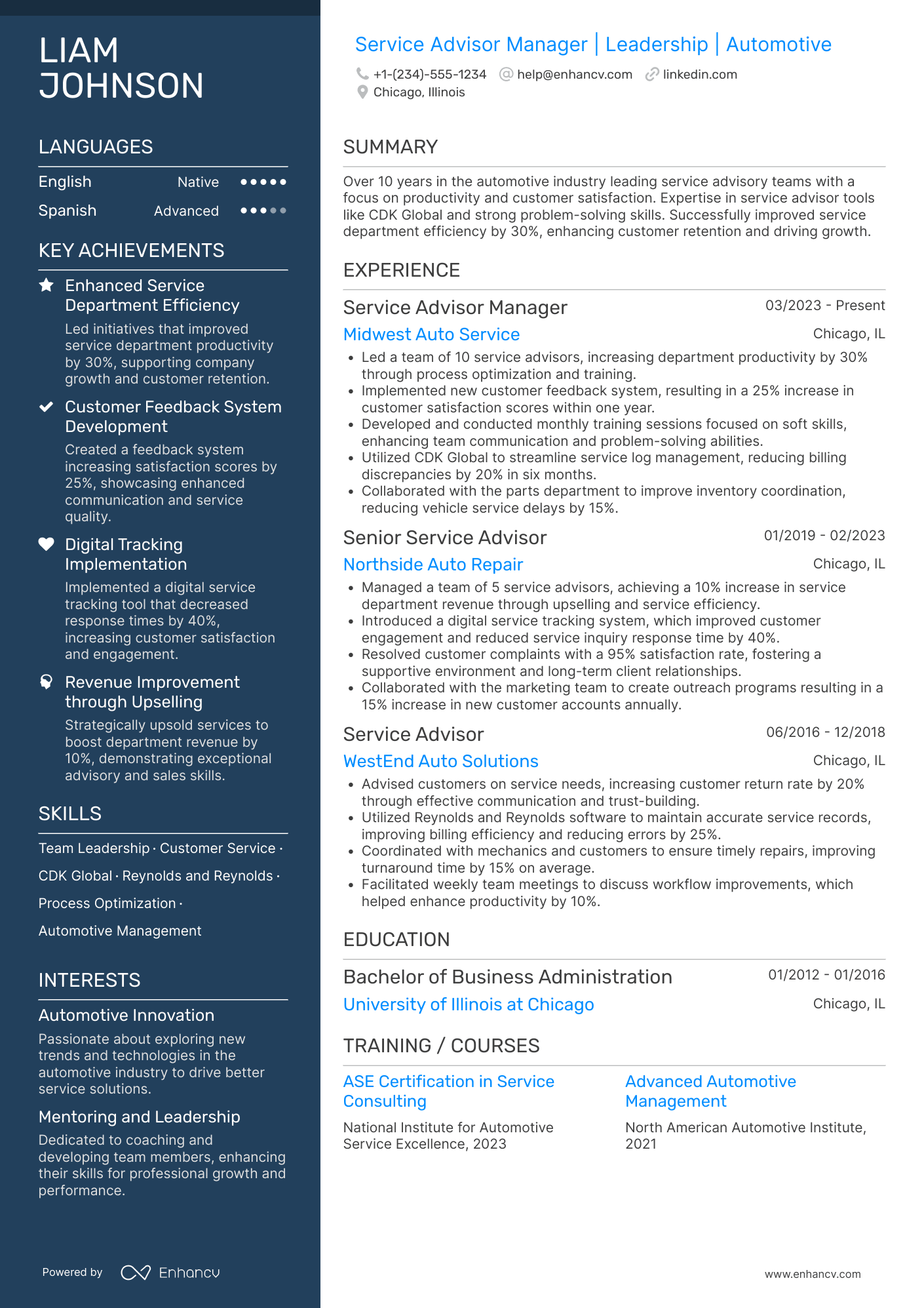 A resume example of a Service Advisor Manager