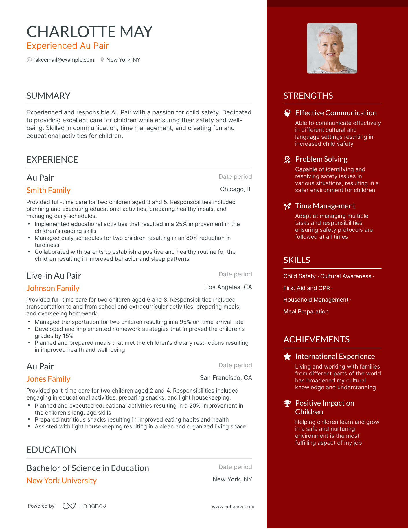 One Page Au Pair Resume Template