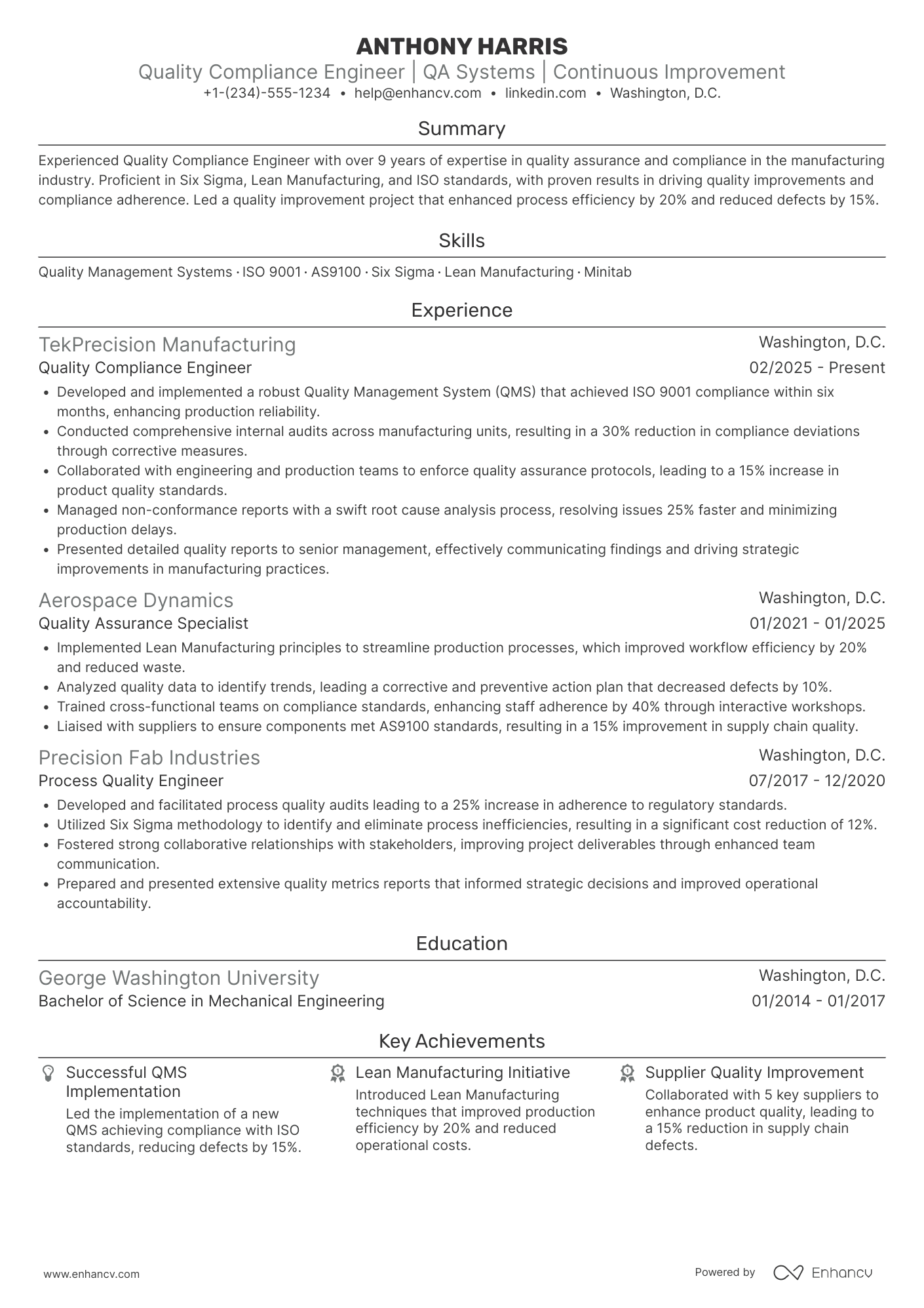 A resume example of a Quality Compliance Engineer
