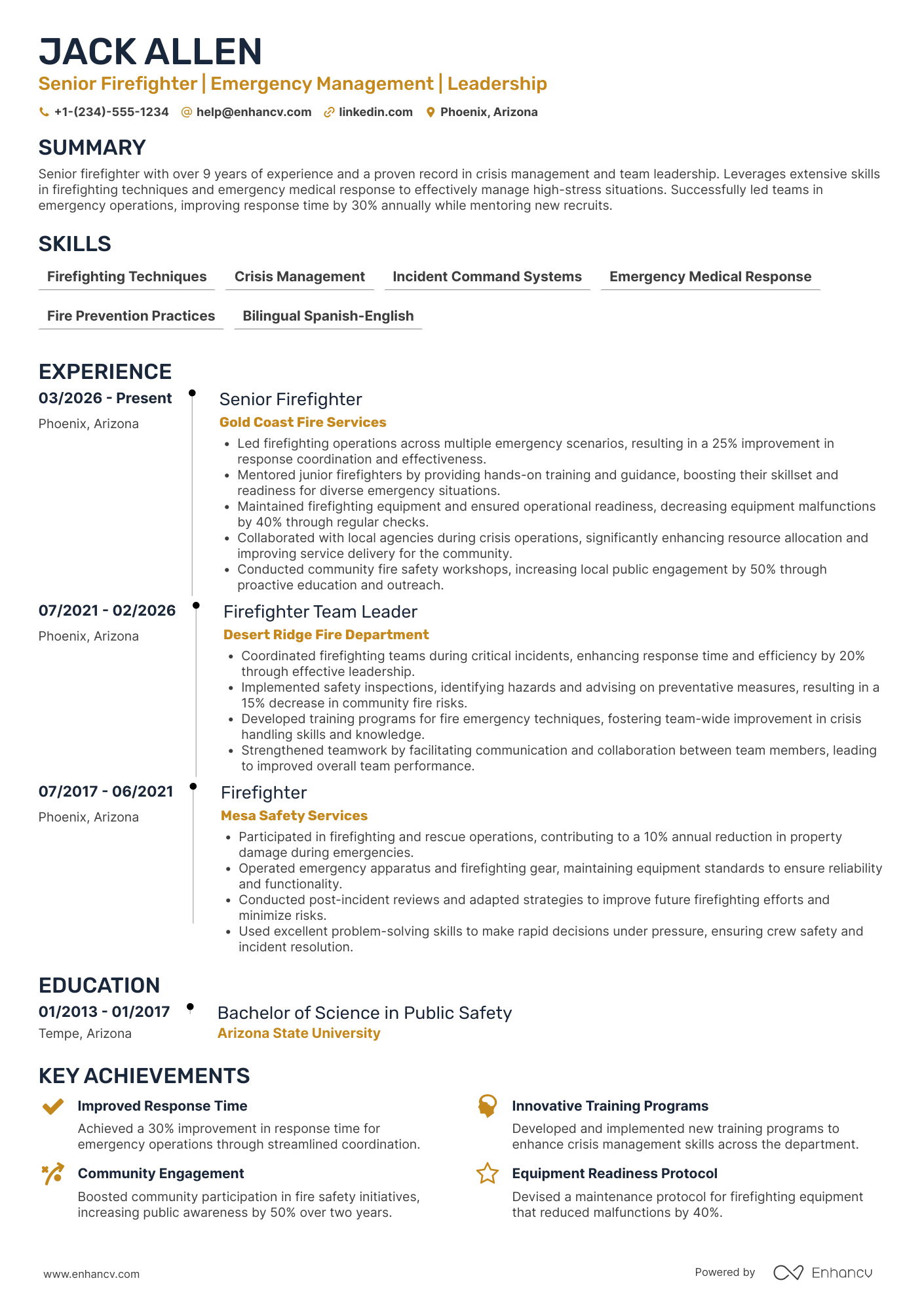 A resume example of a Senior Firefighter