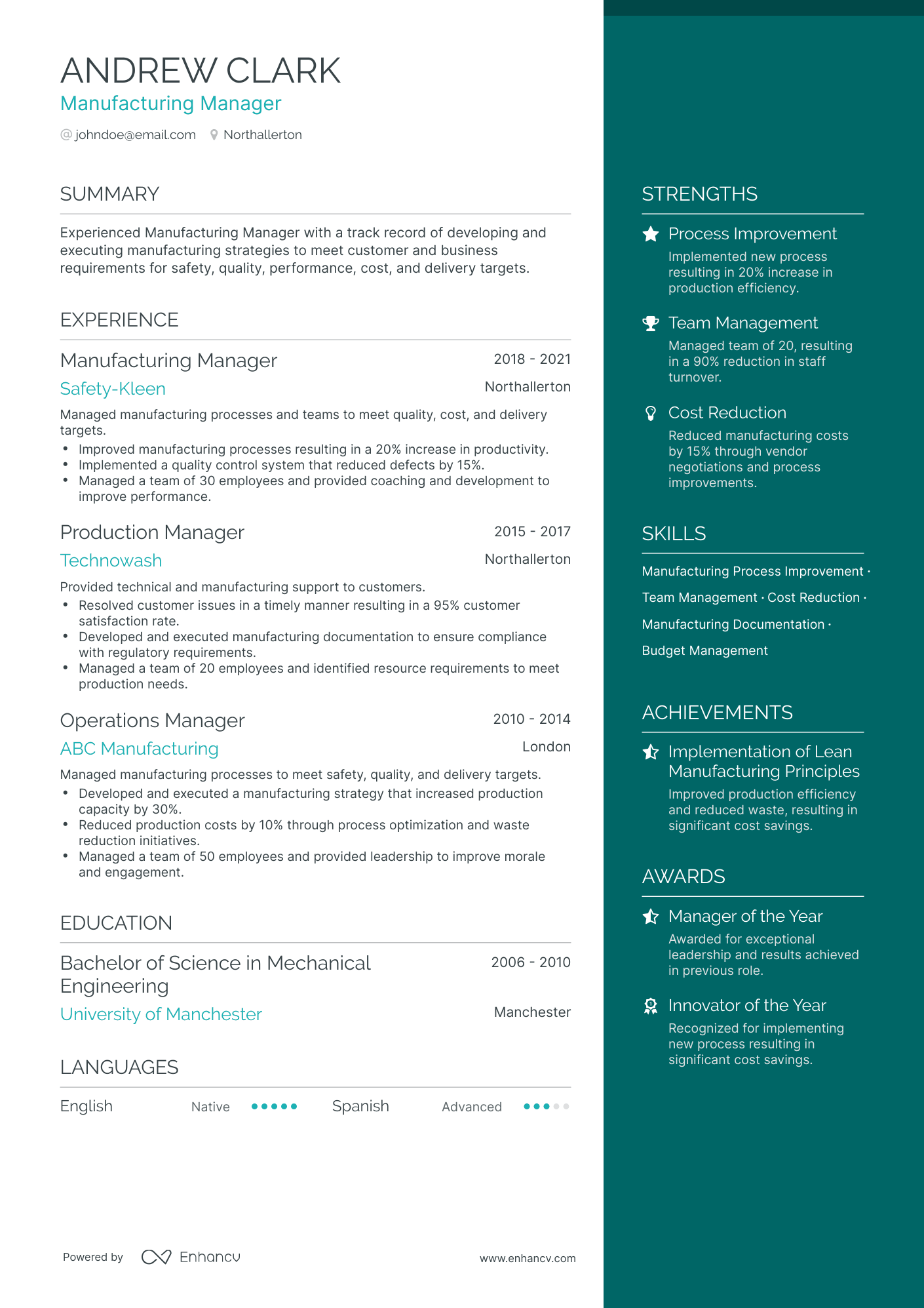 One Page Manufacturing Manager Resume Template