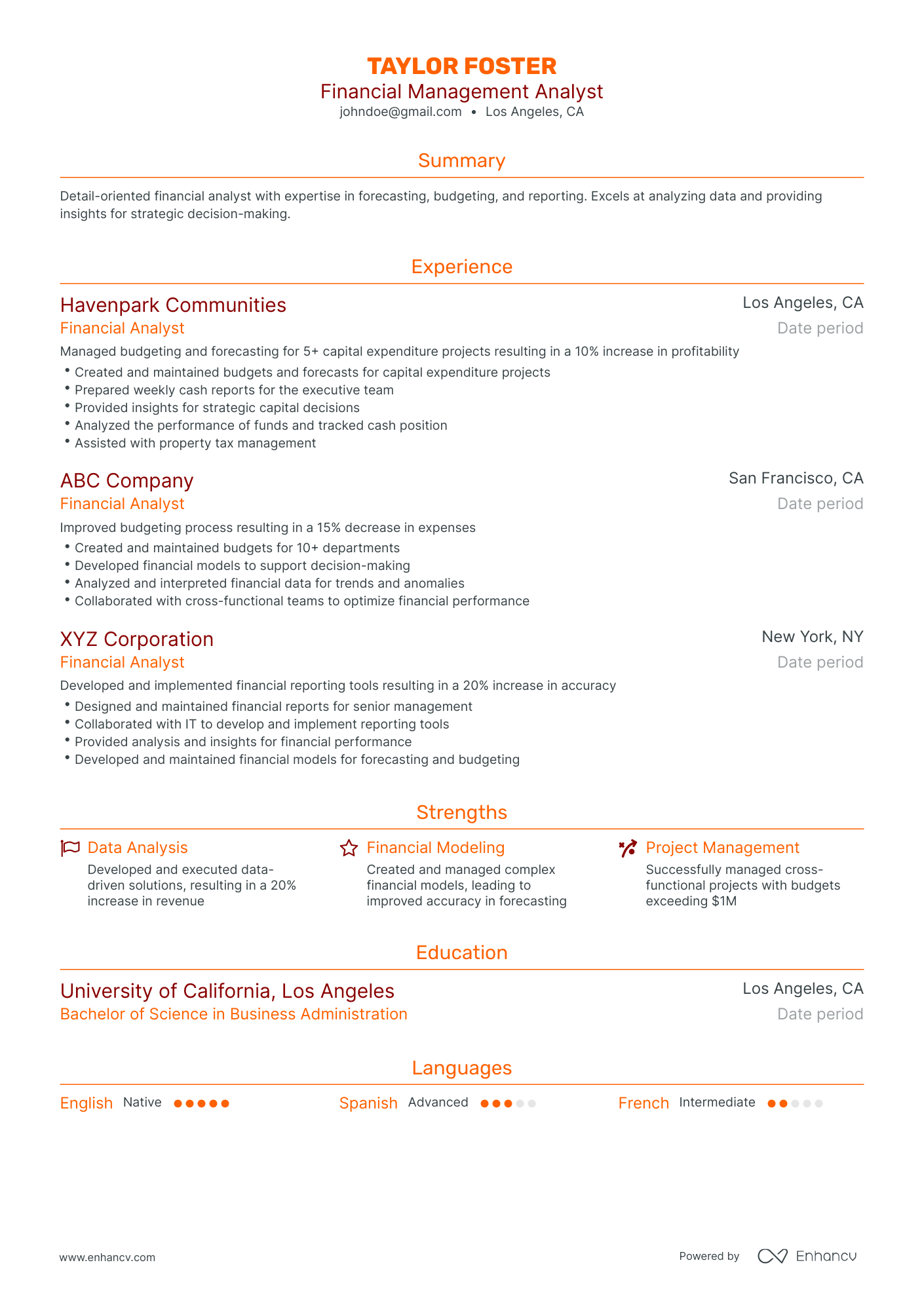 Traditional Financial Management Analyst Resume Template