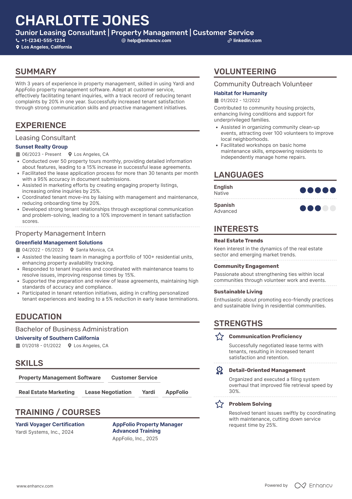 A resume example of a Junior Leasing Consultant