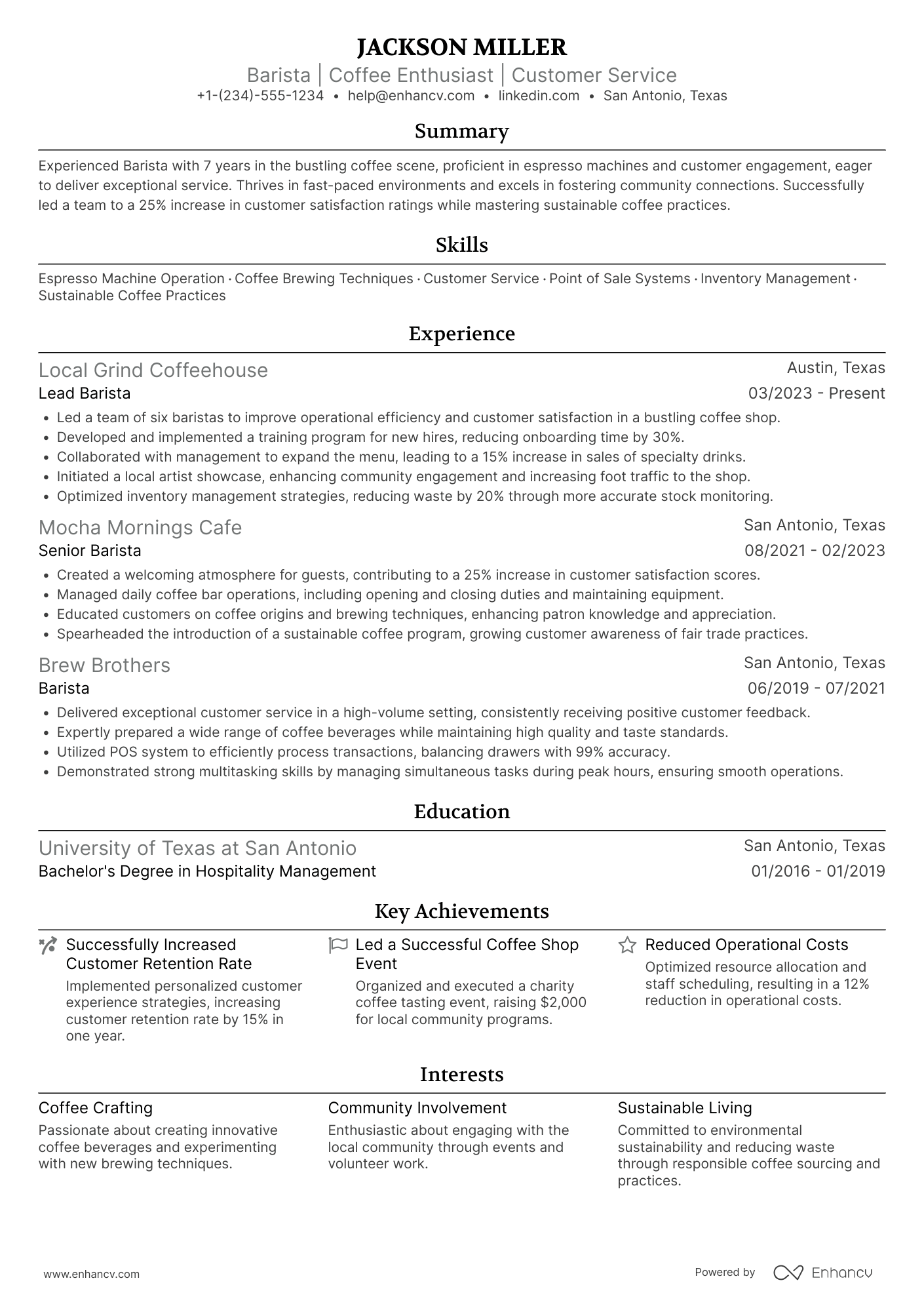 A resume example of a Coffee Shop