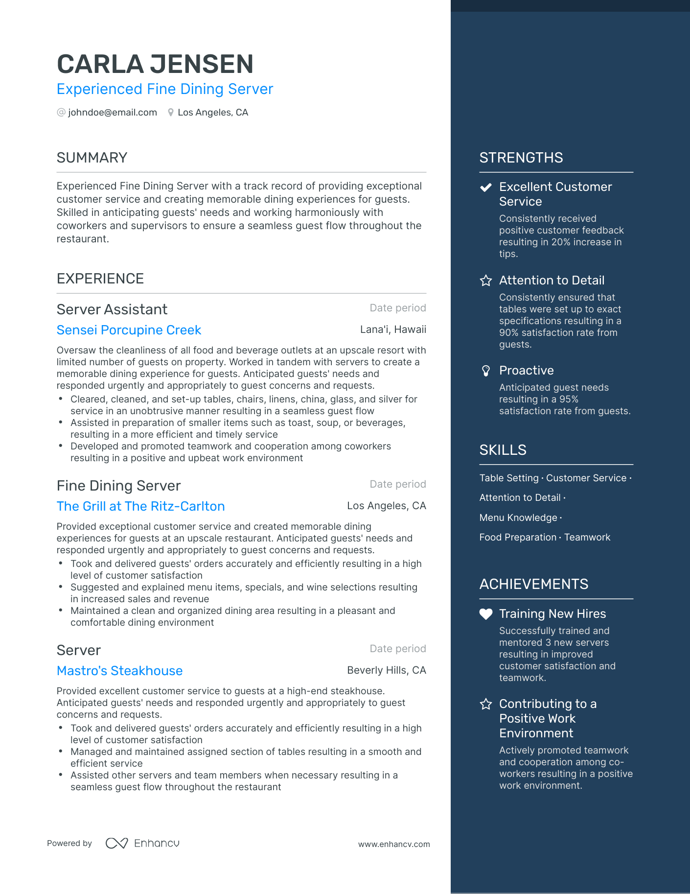 One Page Fine Dining Server Resume Template