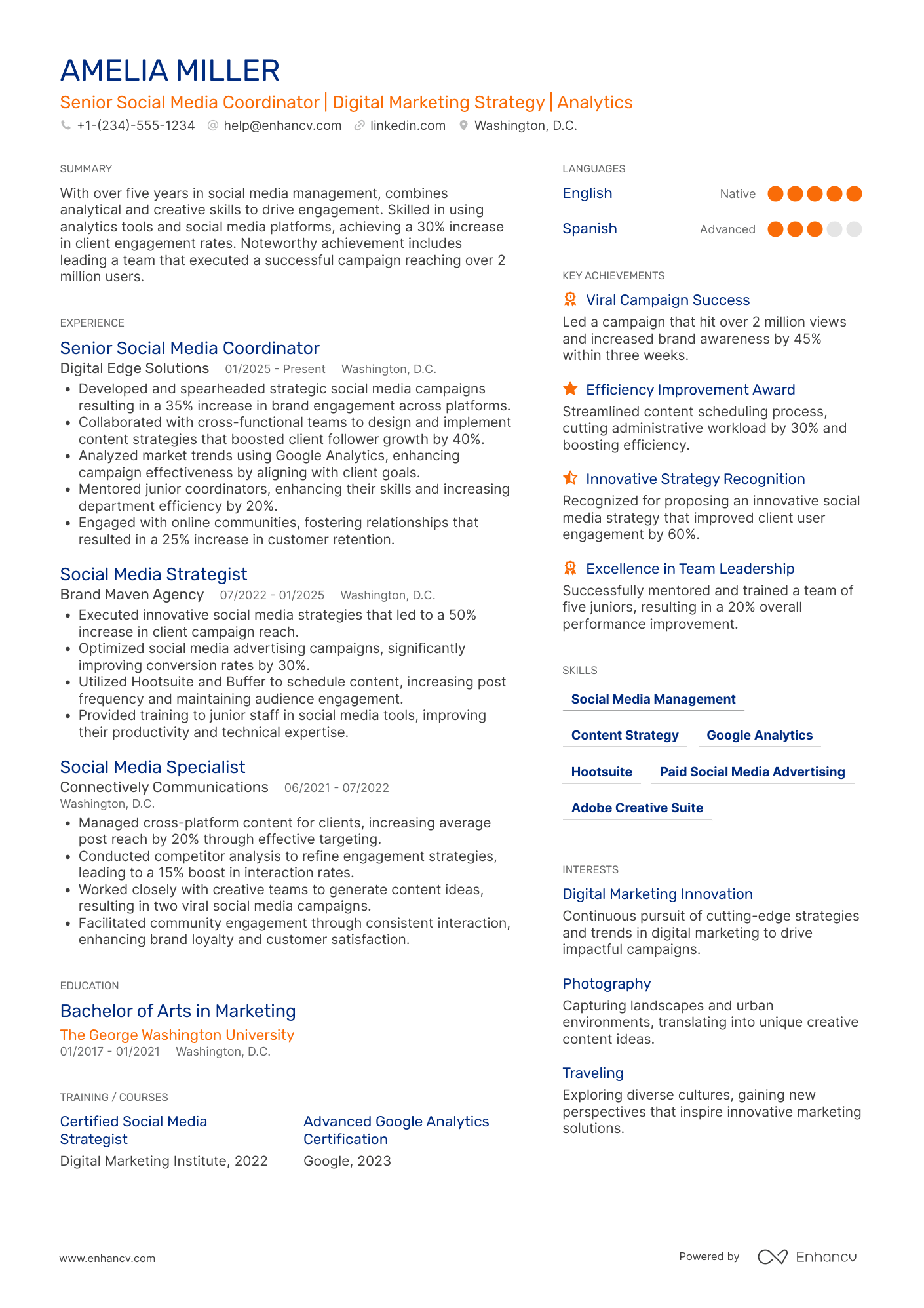 A resume example of a Senior Social Media Coordinator