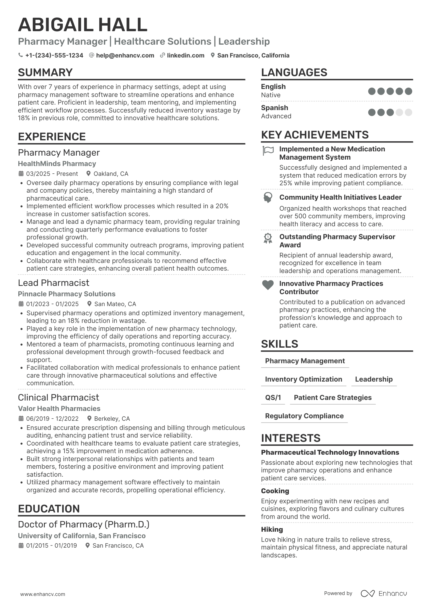 A resume example of a Pharmacy Manager
