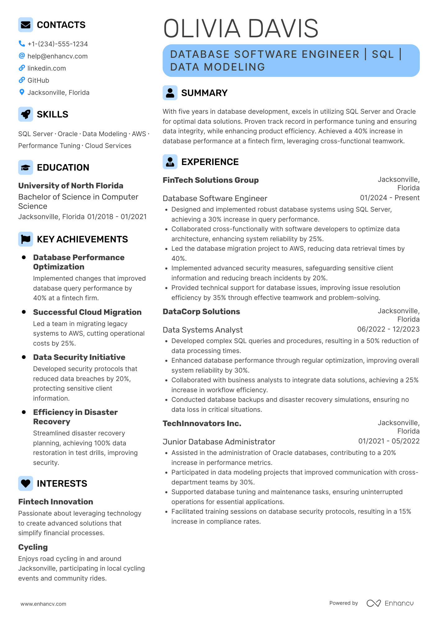 A resume example of a Database Software Engineer