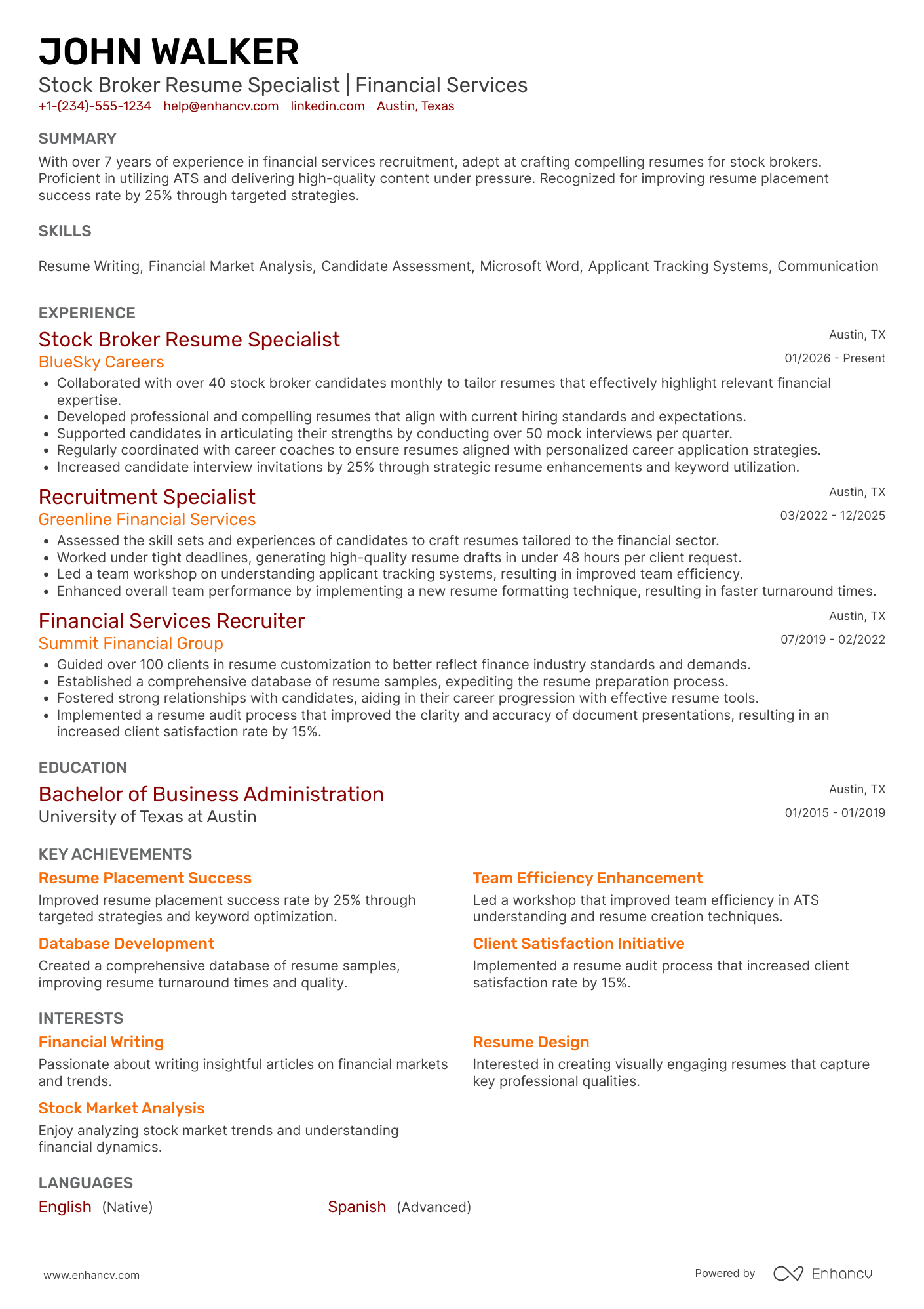 A resume example of a Stock Broker Resume