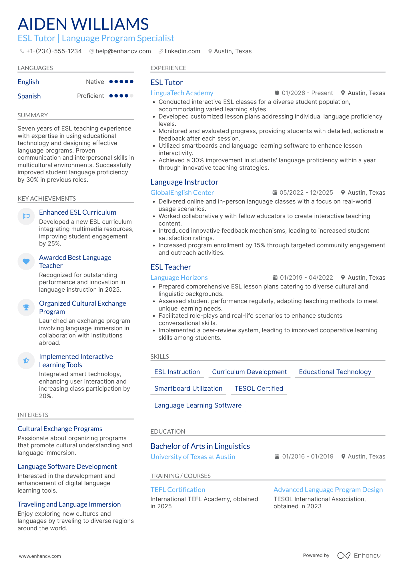 A resume example of a ESL (English as a Second Language) Tutor