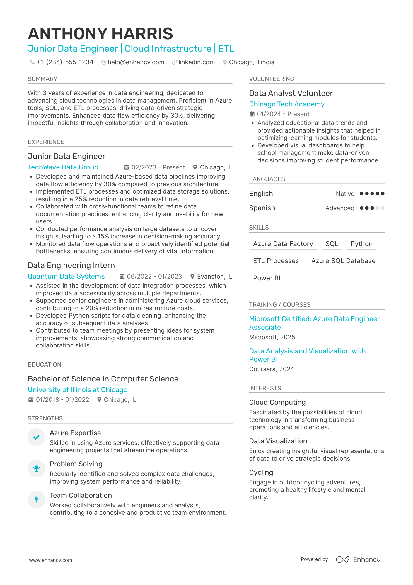 A resume example of a Junior Azure Data Engineer