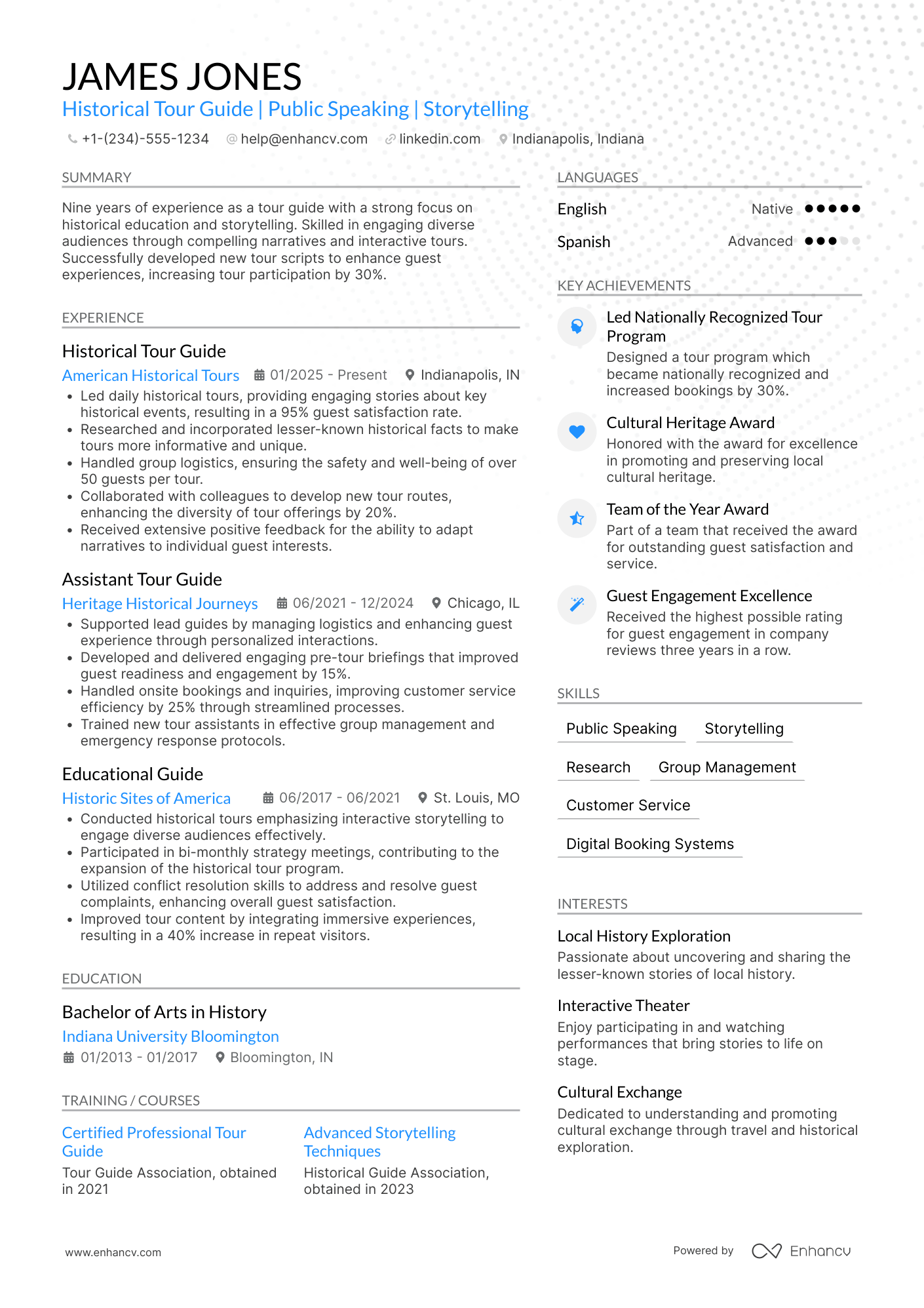 A resume example of a Historical Tour Guide