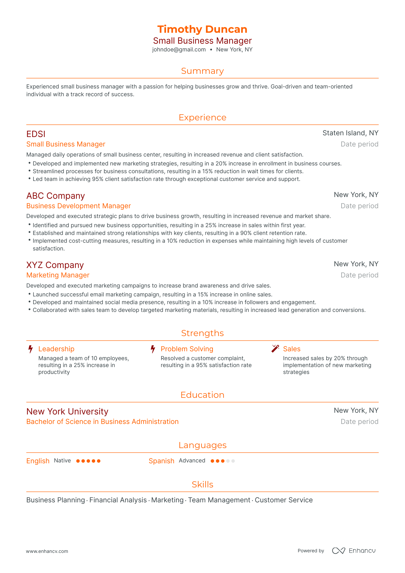 Traditional Small Business Manager Resume Template