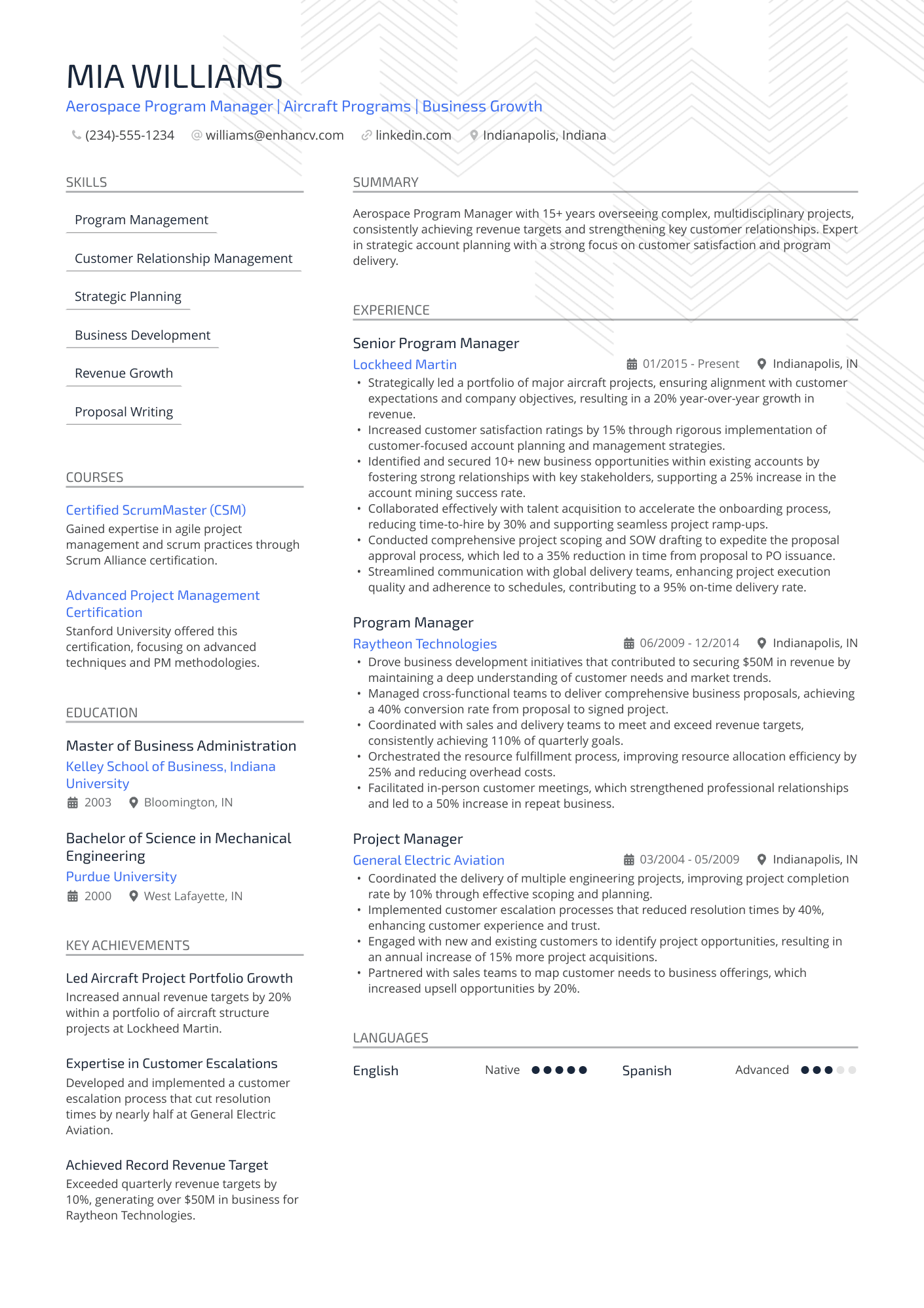A resume example of a Aerospace Program Manager