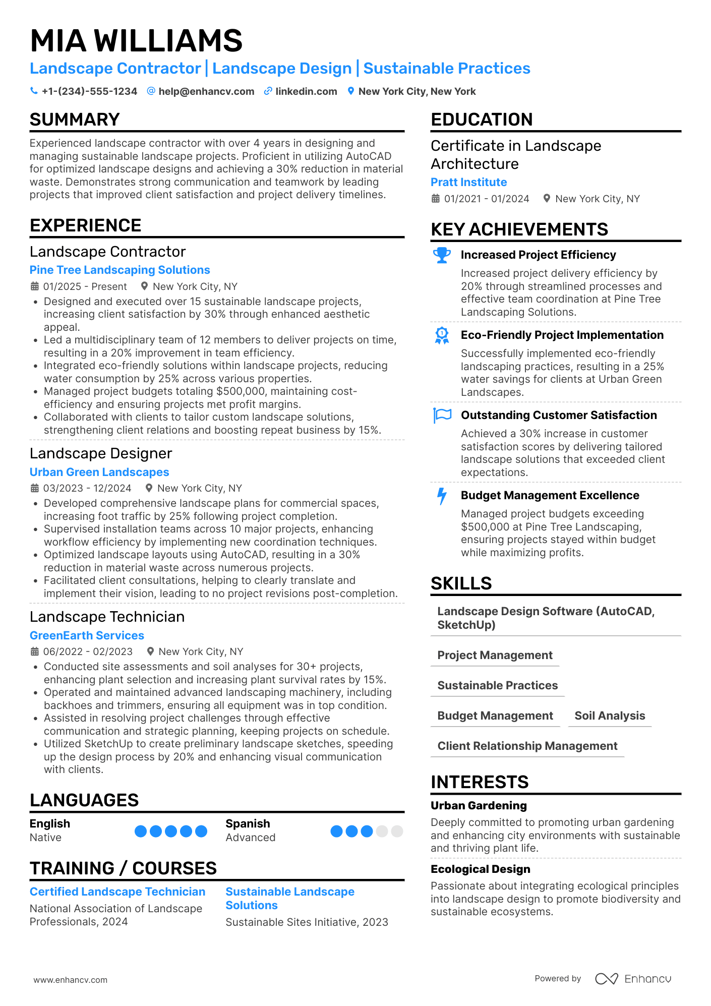 A resume example of a Landscape Contractor