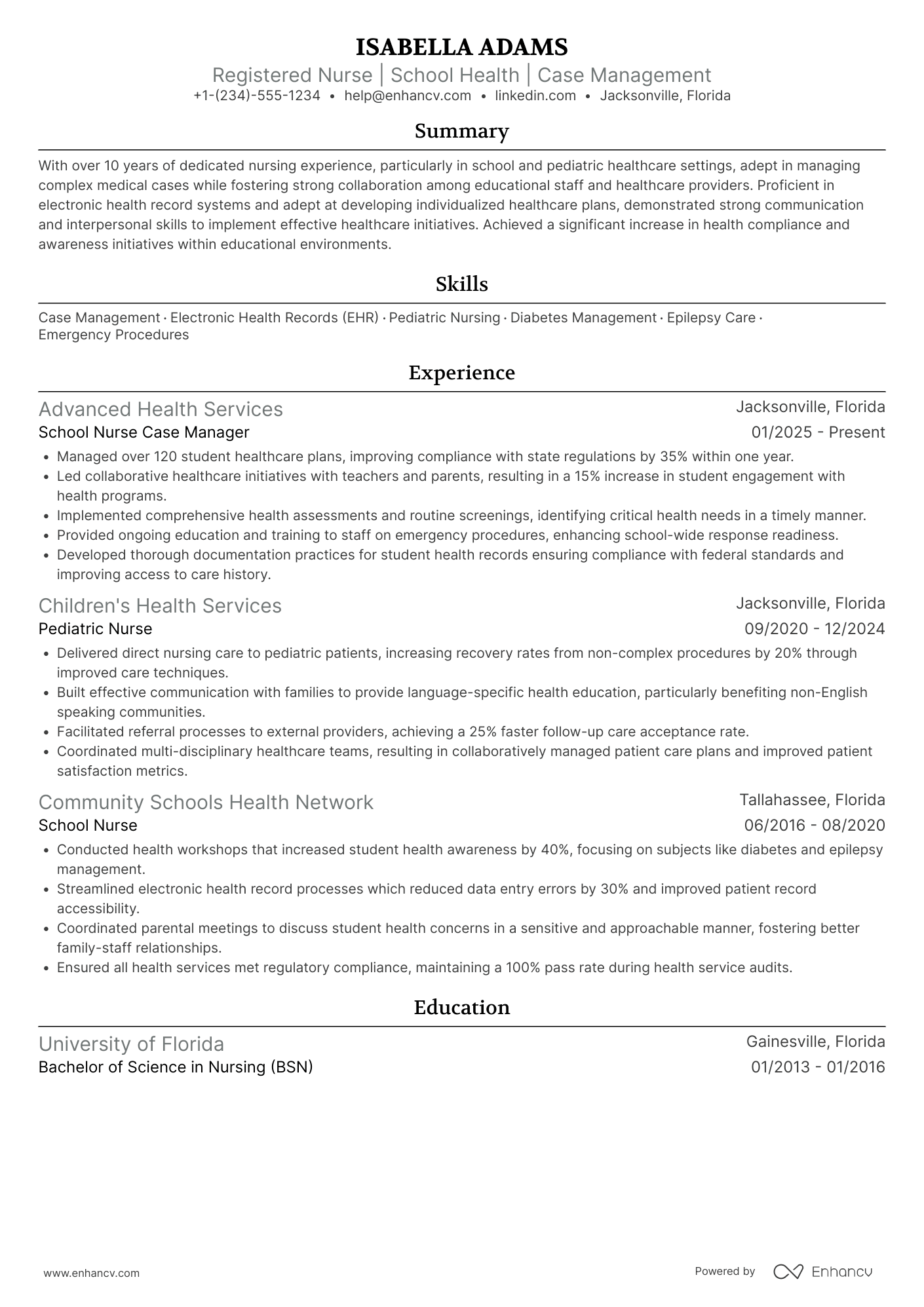 A resume example of a School Nurse Case Manager