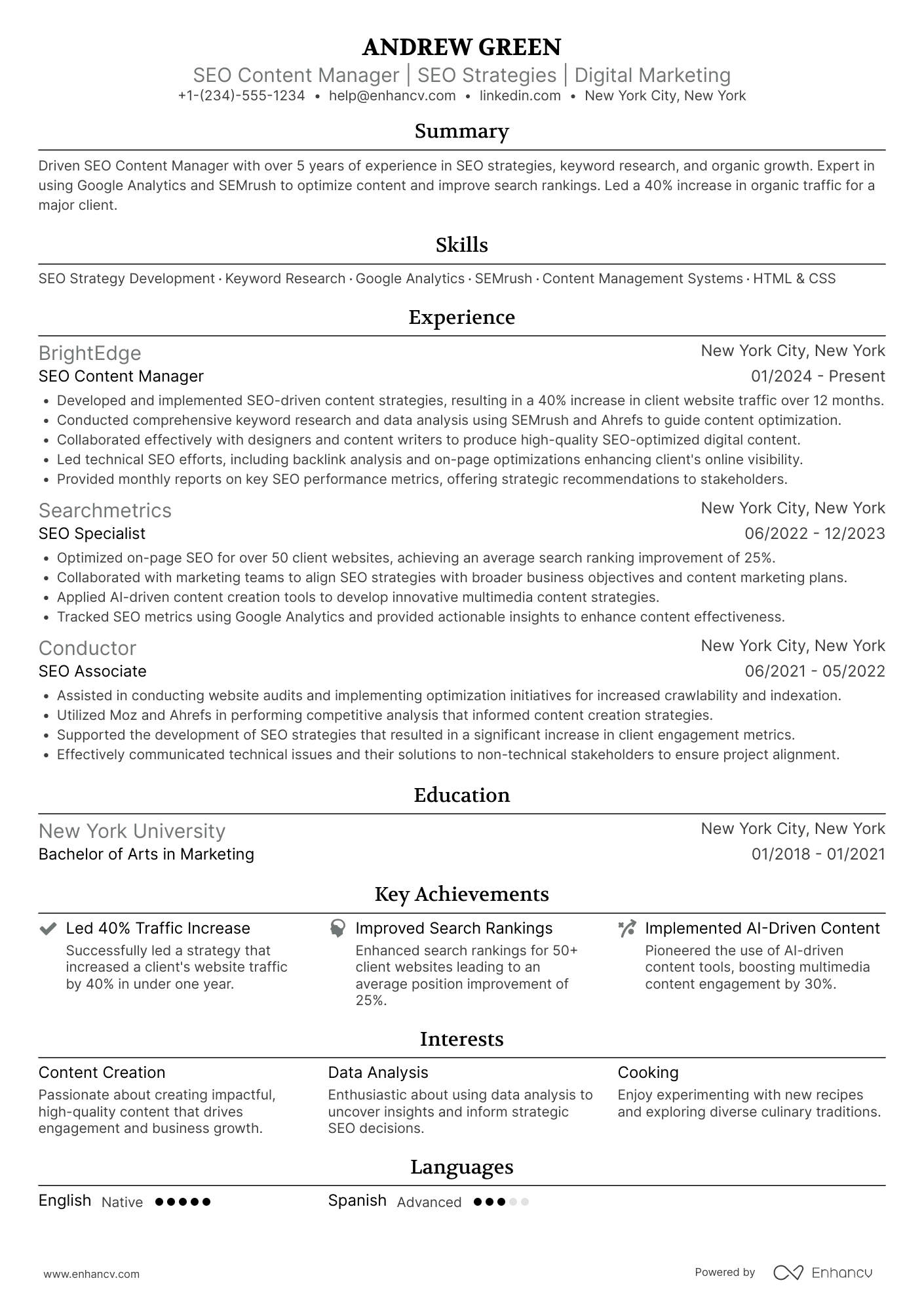 A resume example of a SEO Content Manager