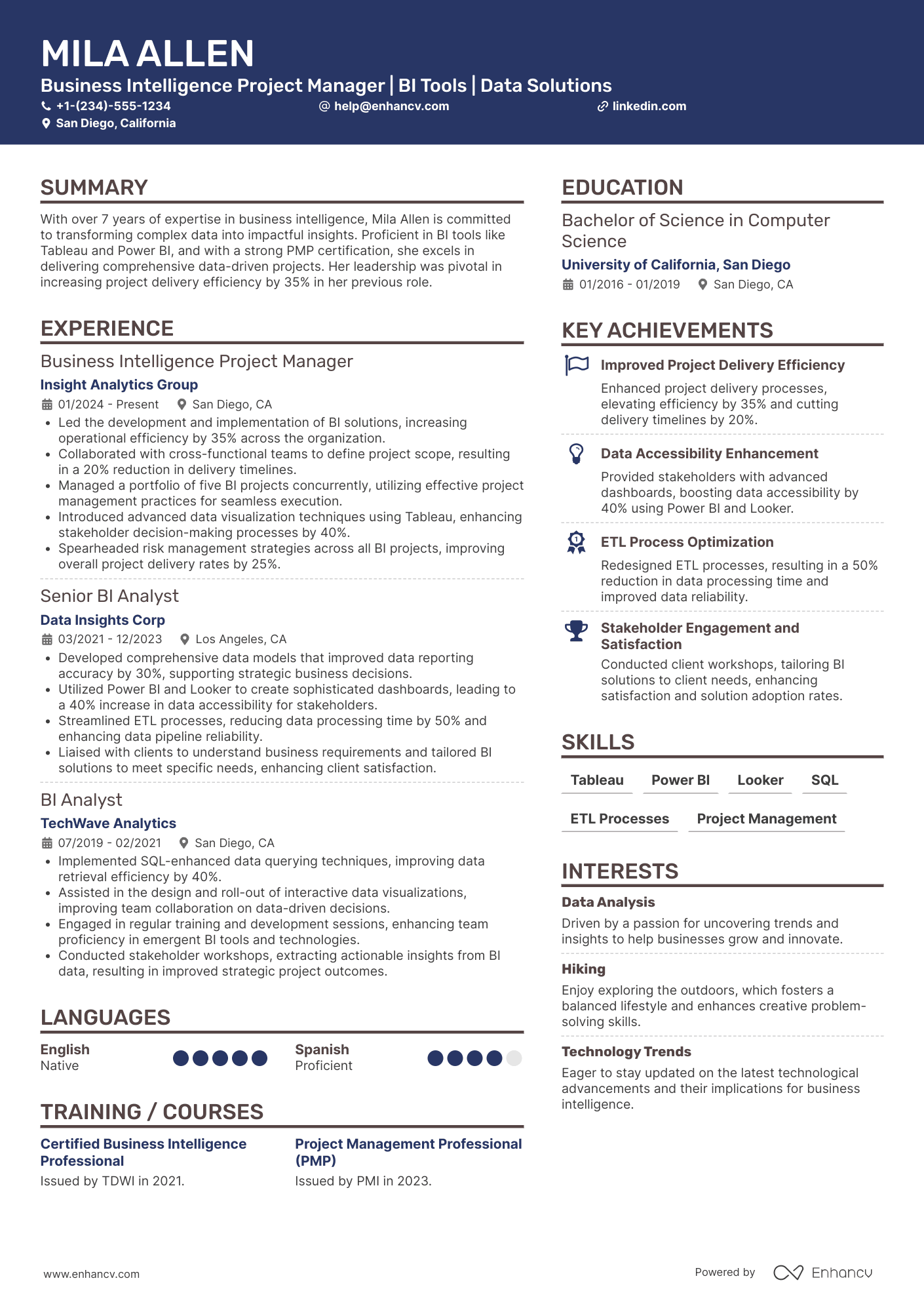 A resume example of a Business Intelligence Project Manager