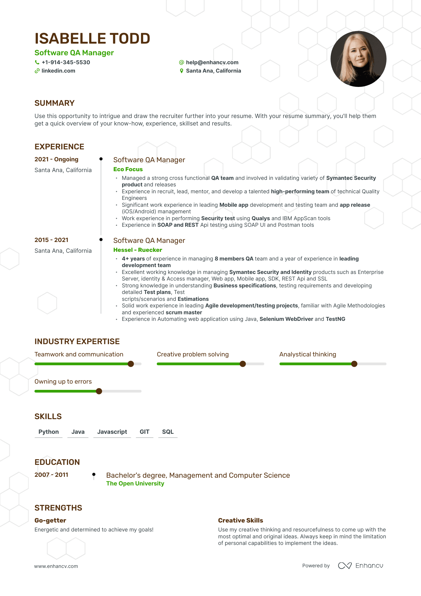 Timeline Software QA Manager Resume Template