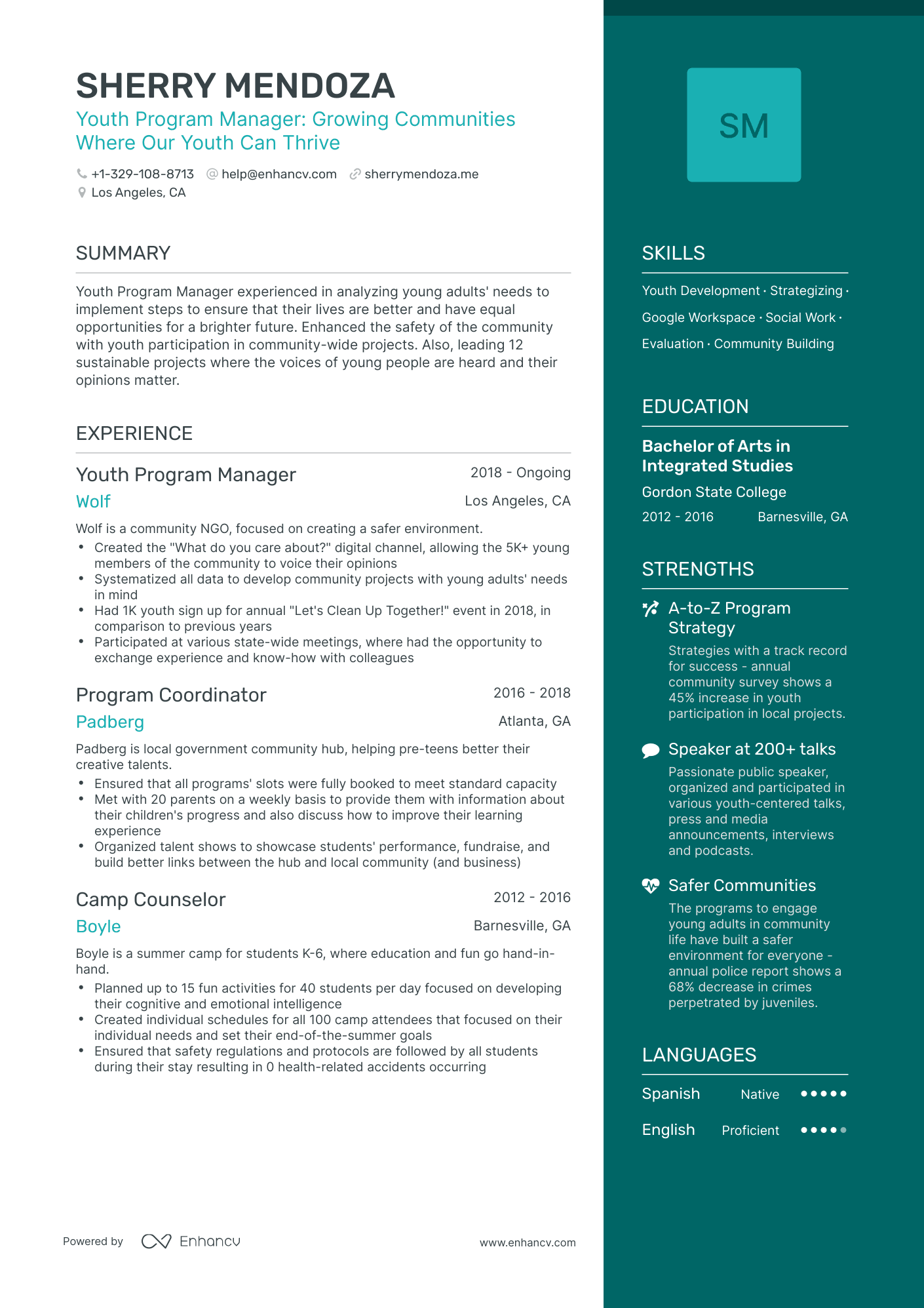 One Page Youth Program Manager Resume Template