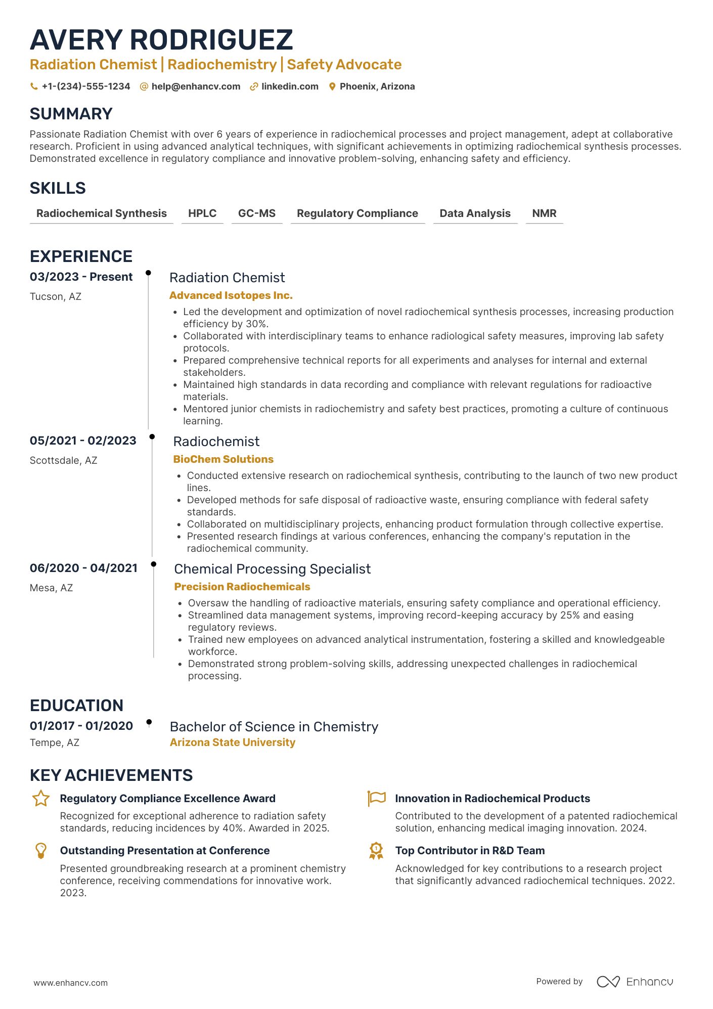 A resume example of a Radiation Chemist