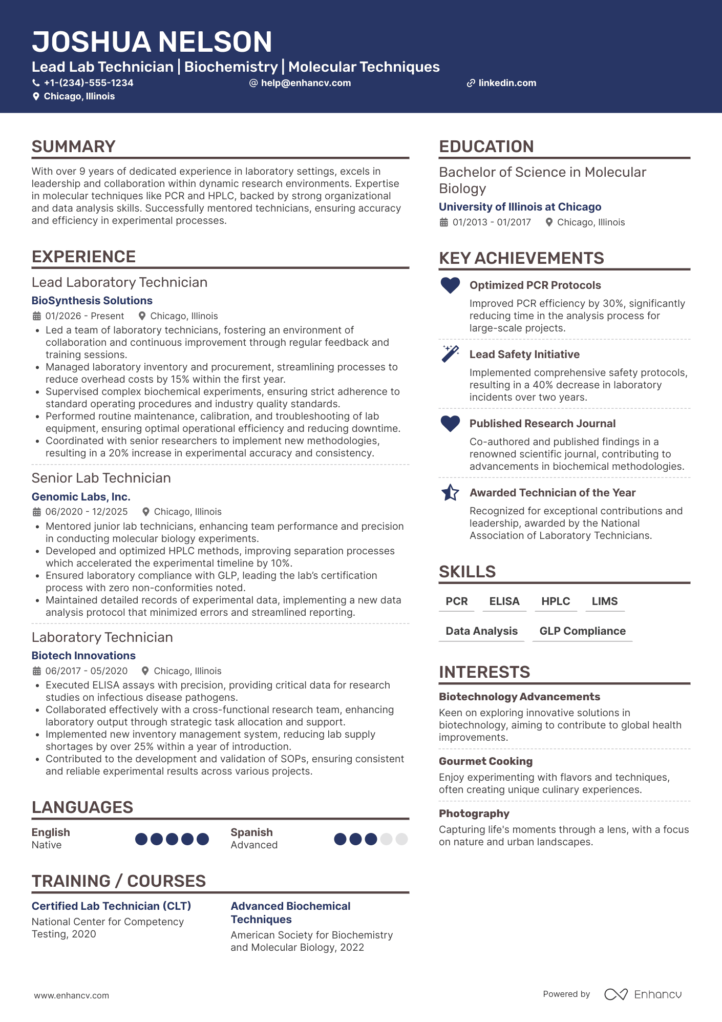 A resume example of a Lead Lab Technician