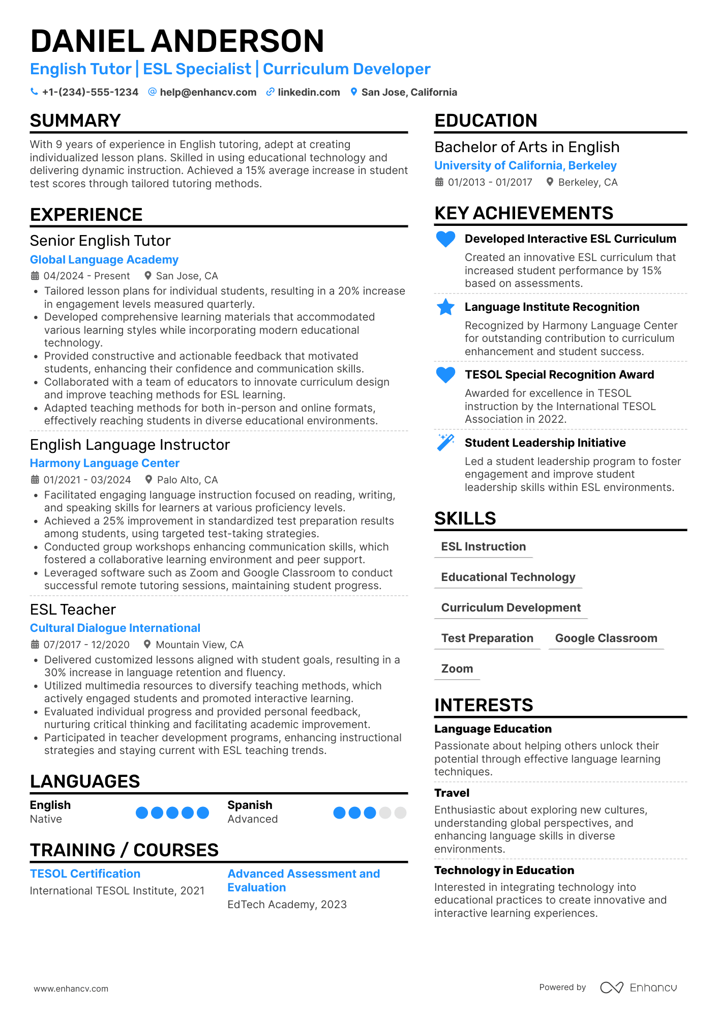 A resume example of a English Tutor