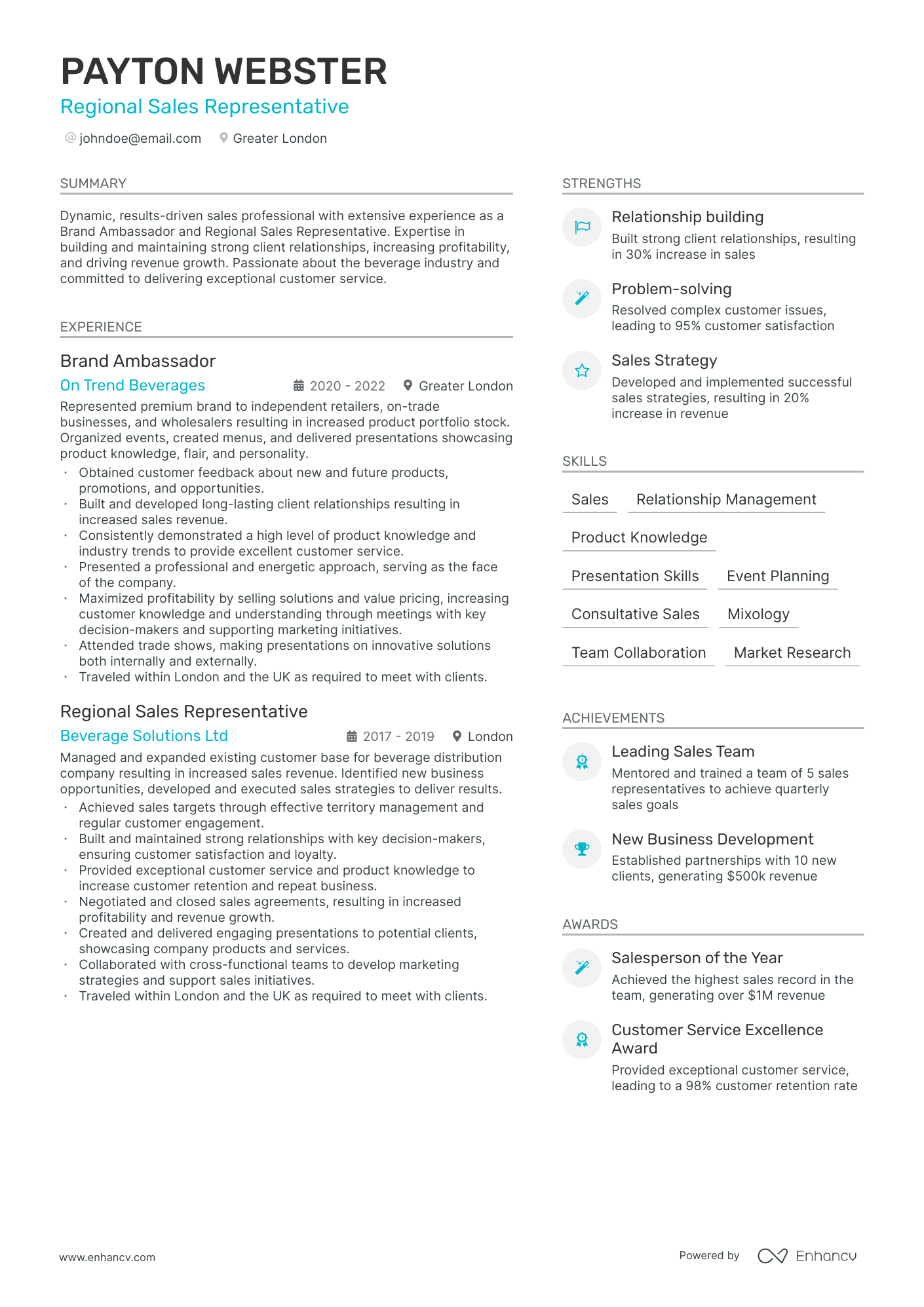 A resume example of a Regional Sales Representative