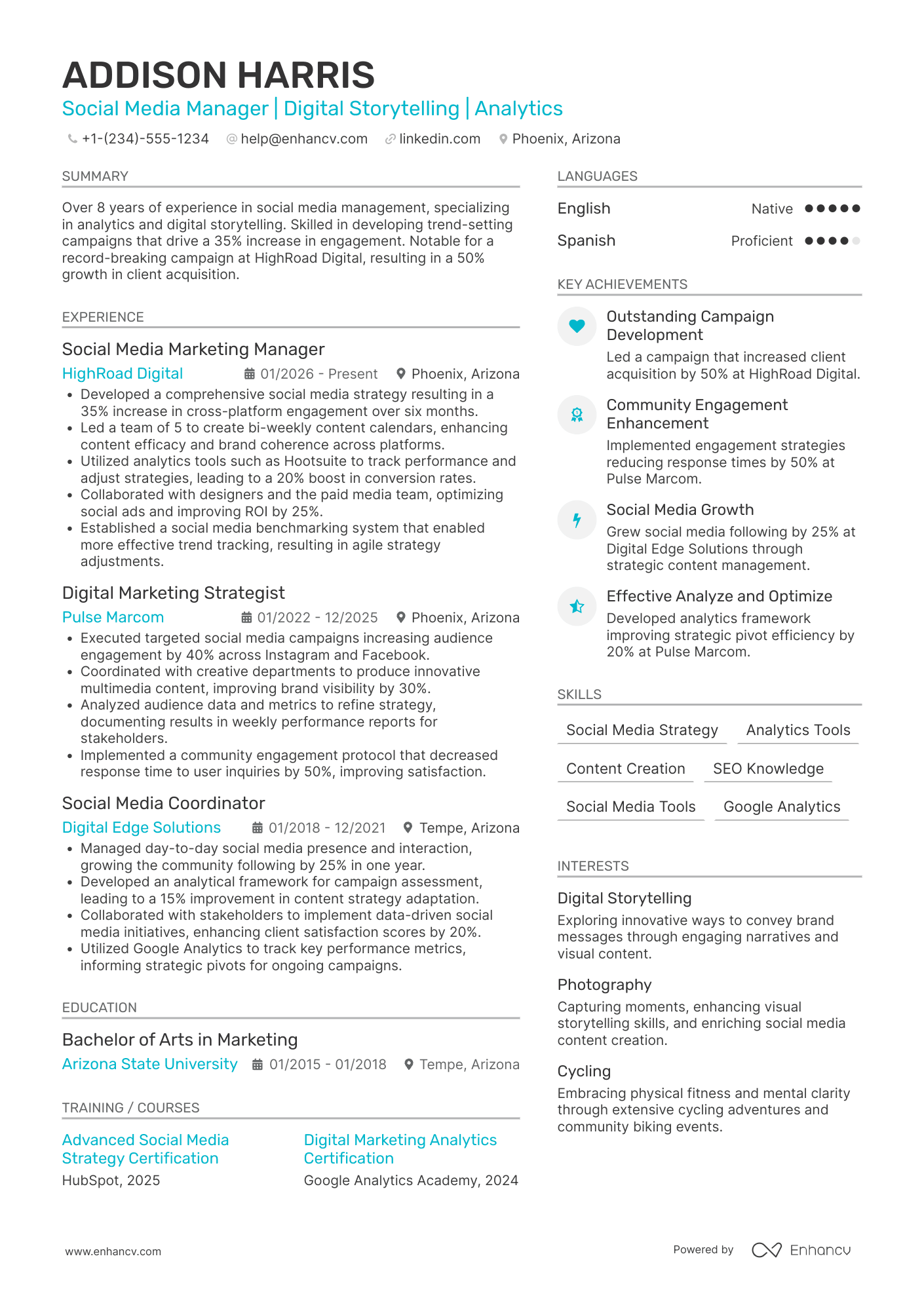 A resume example of a Social Media Marketing Manager
