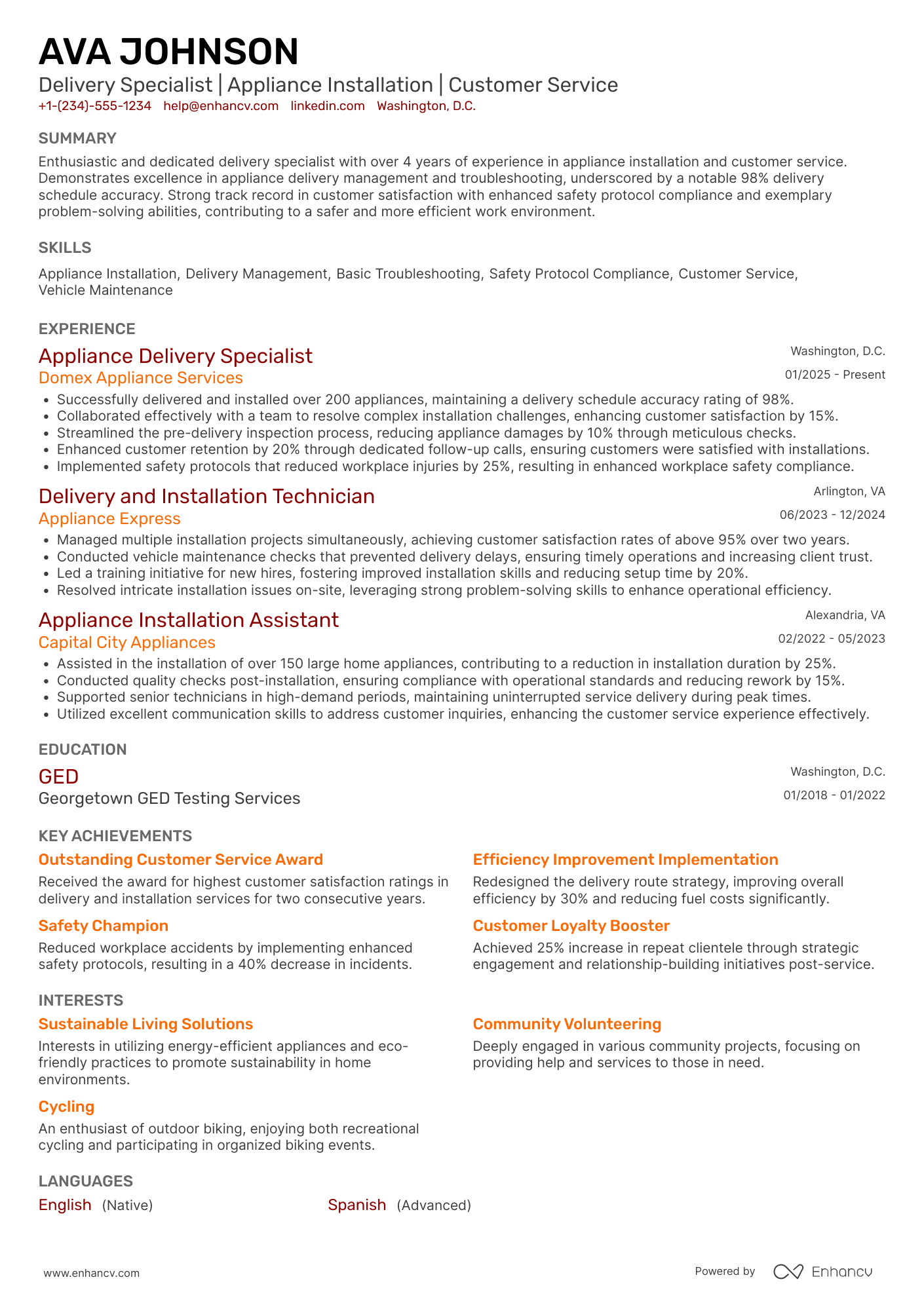 A resume example of a Appliance Delivery Driver