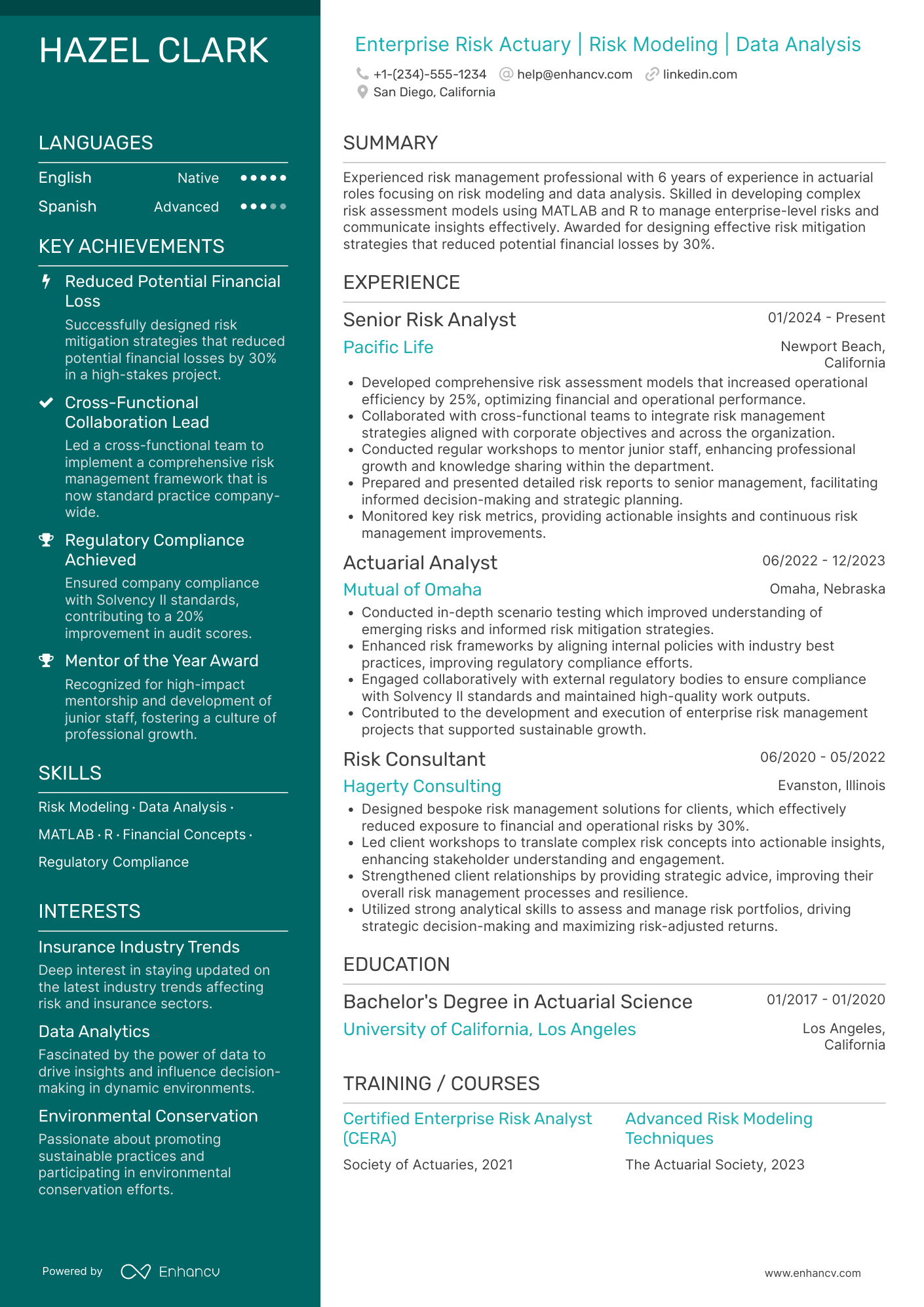 A resume example of a Enterprise Risk Actuary