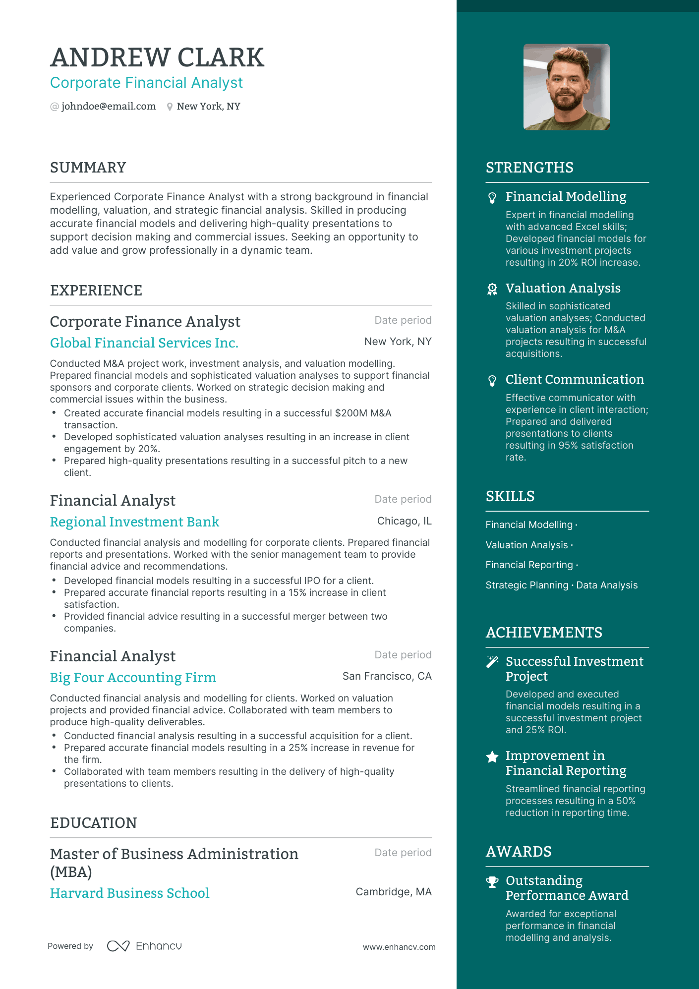 One Page Corporate Financial Analyst Resume Template