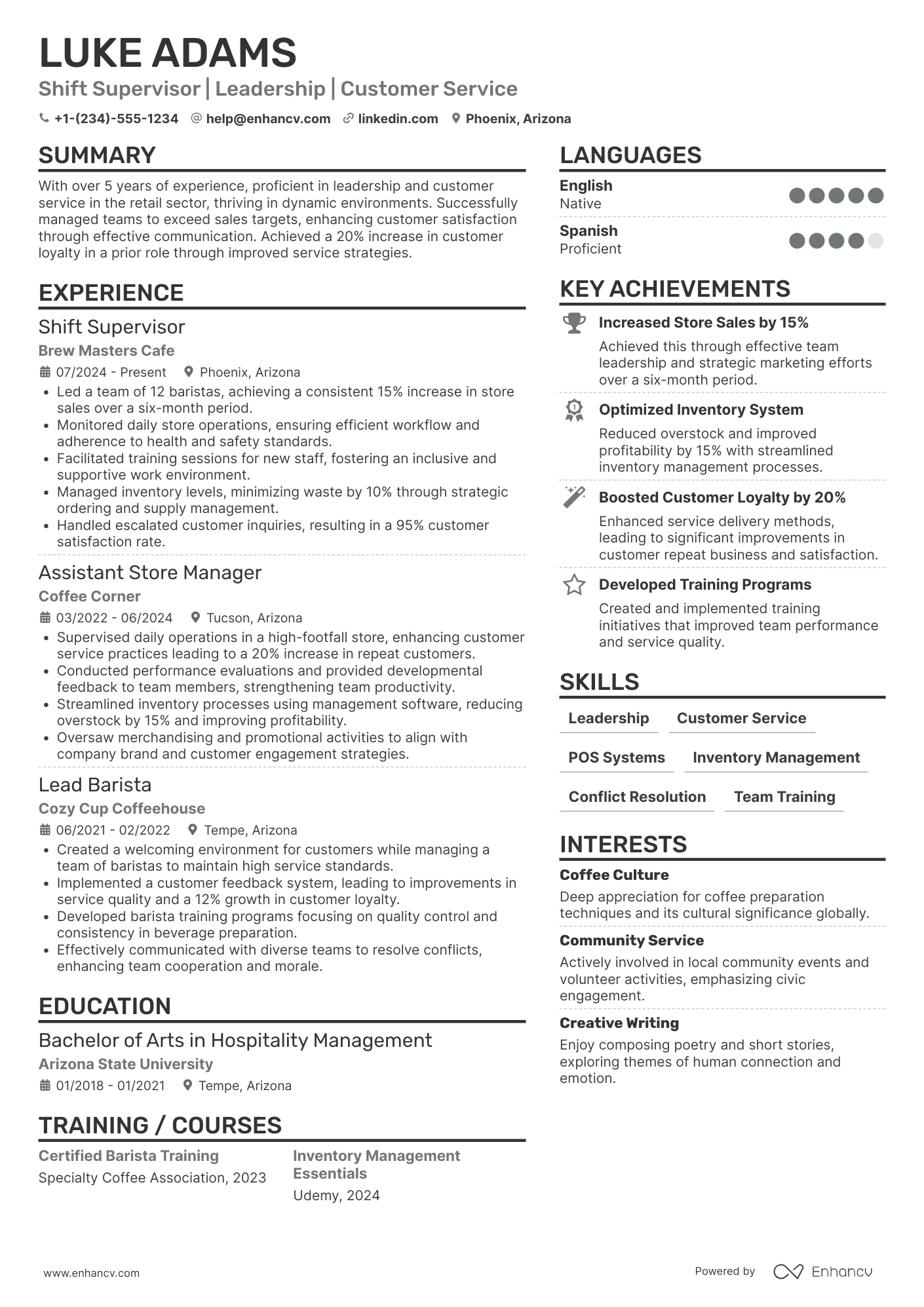 A resume example of a Starbucks Shift Supervisor