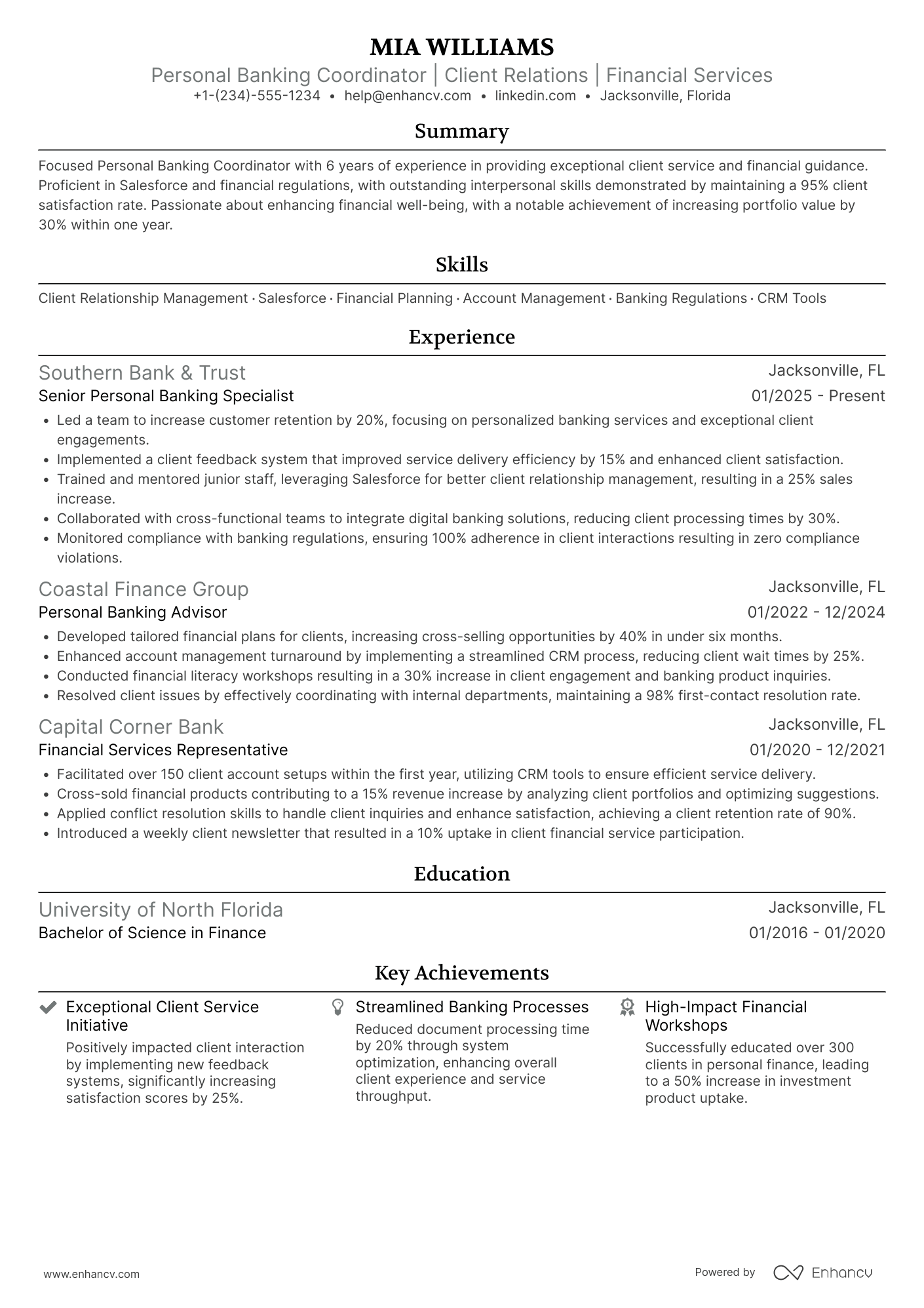 A resume example of a Personal Banking Coordinator