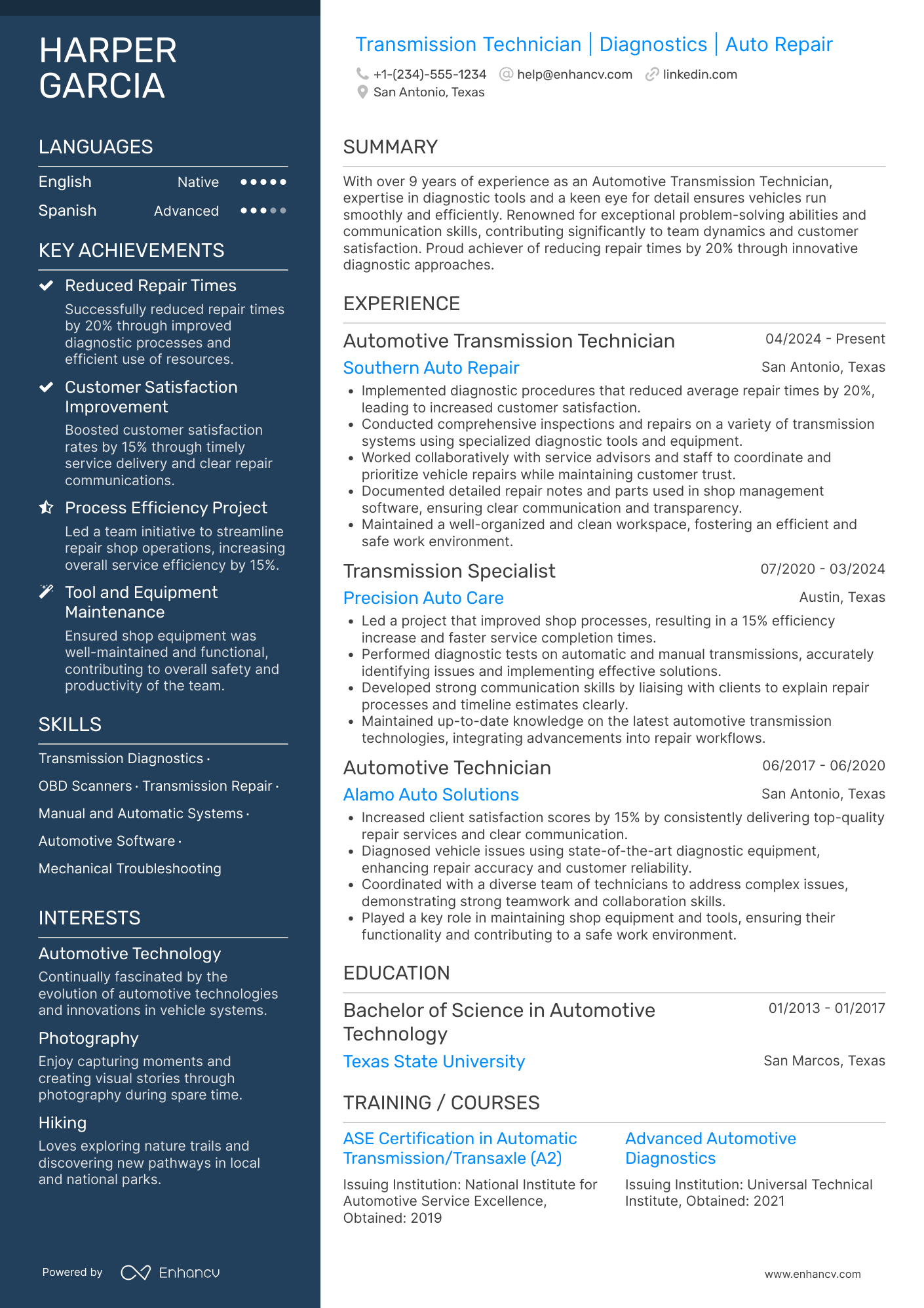 A resume example of a Automotive Transmission Technician