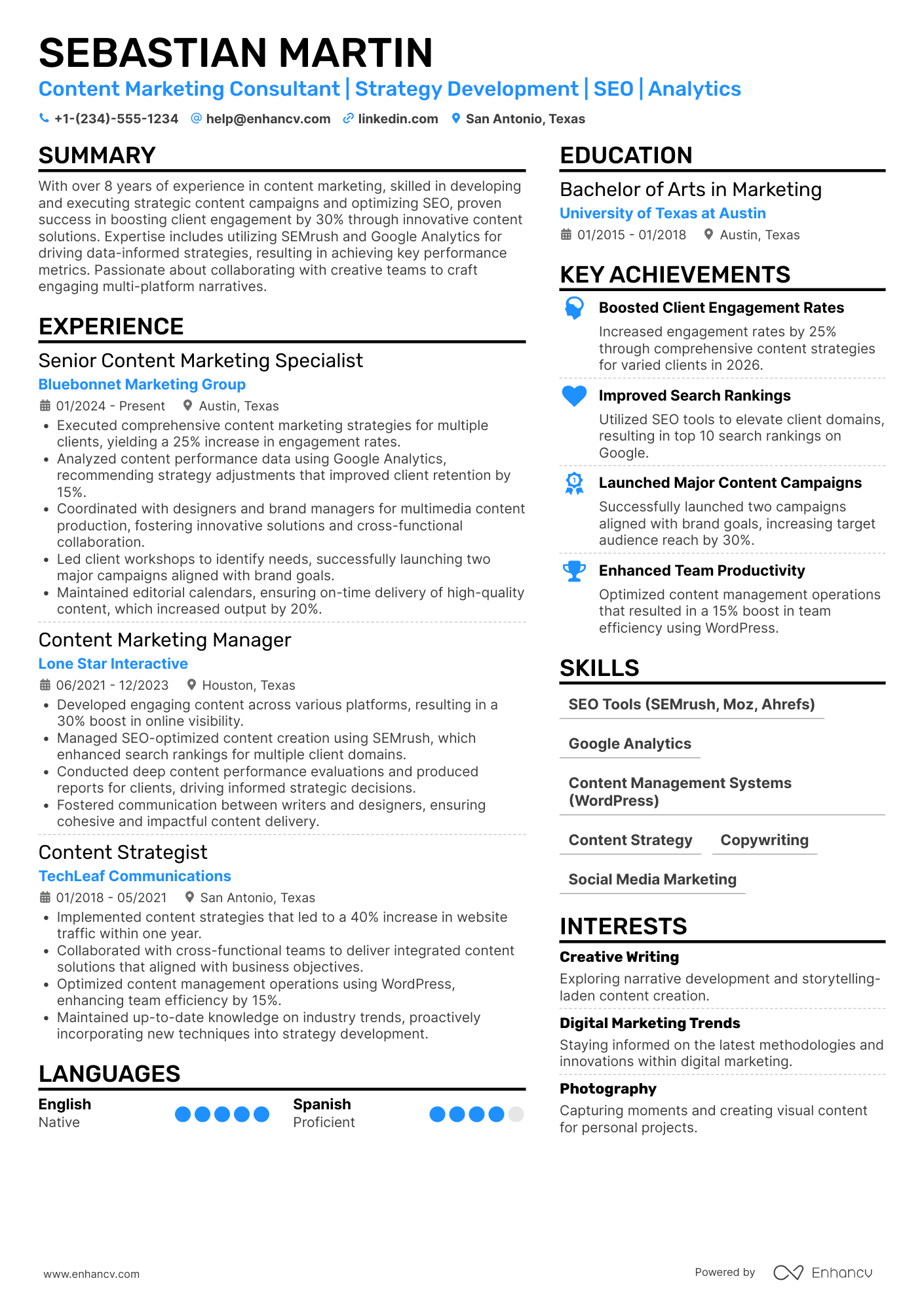 A resume example of a Content Marketing Consultant