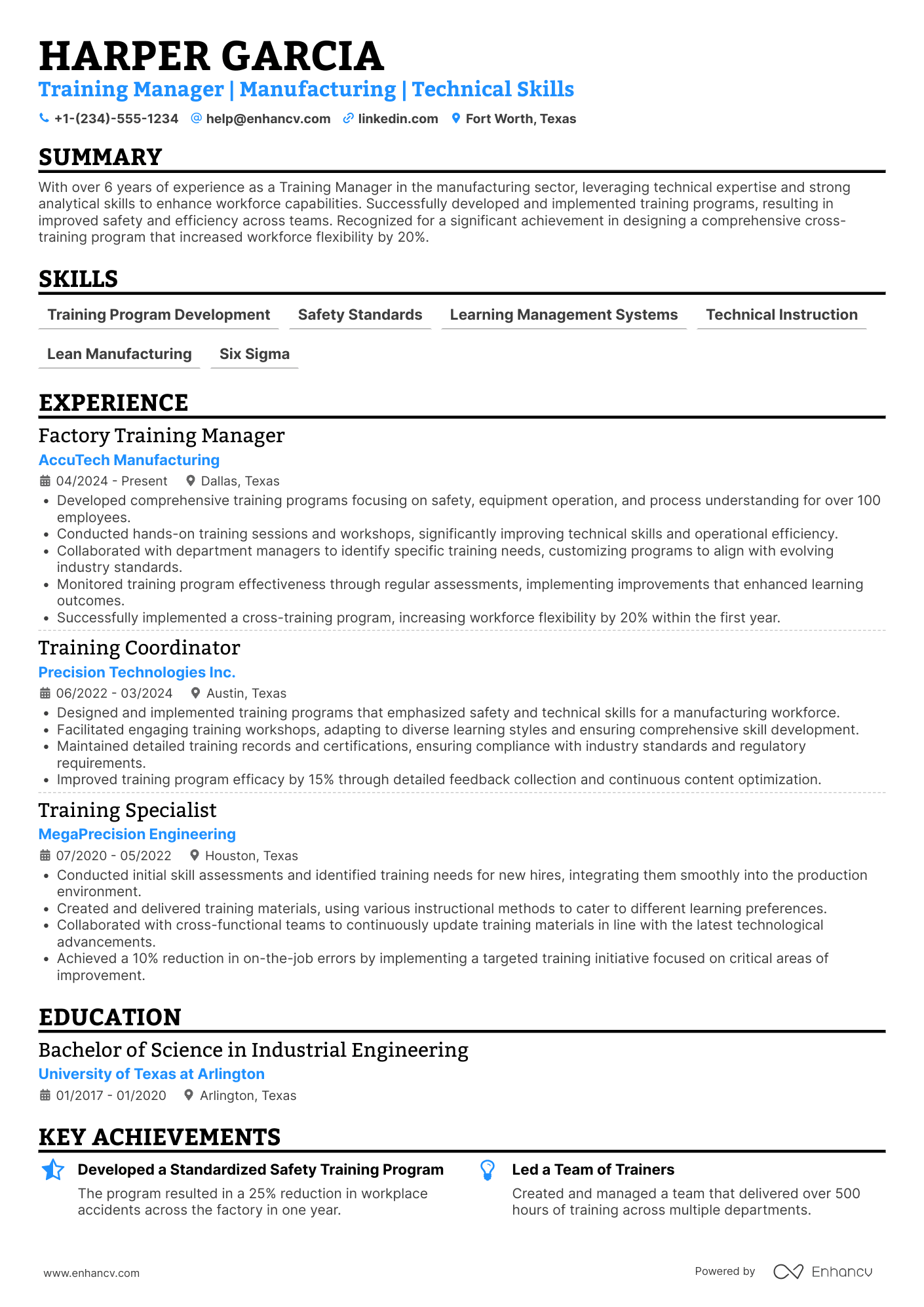 A resume example of a Factory Training Manager