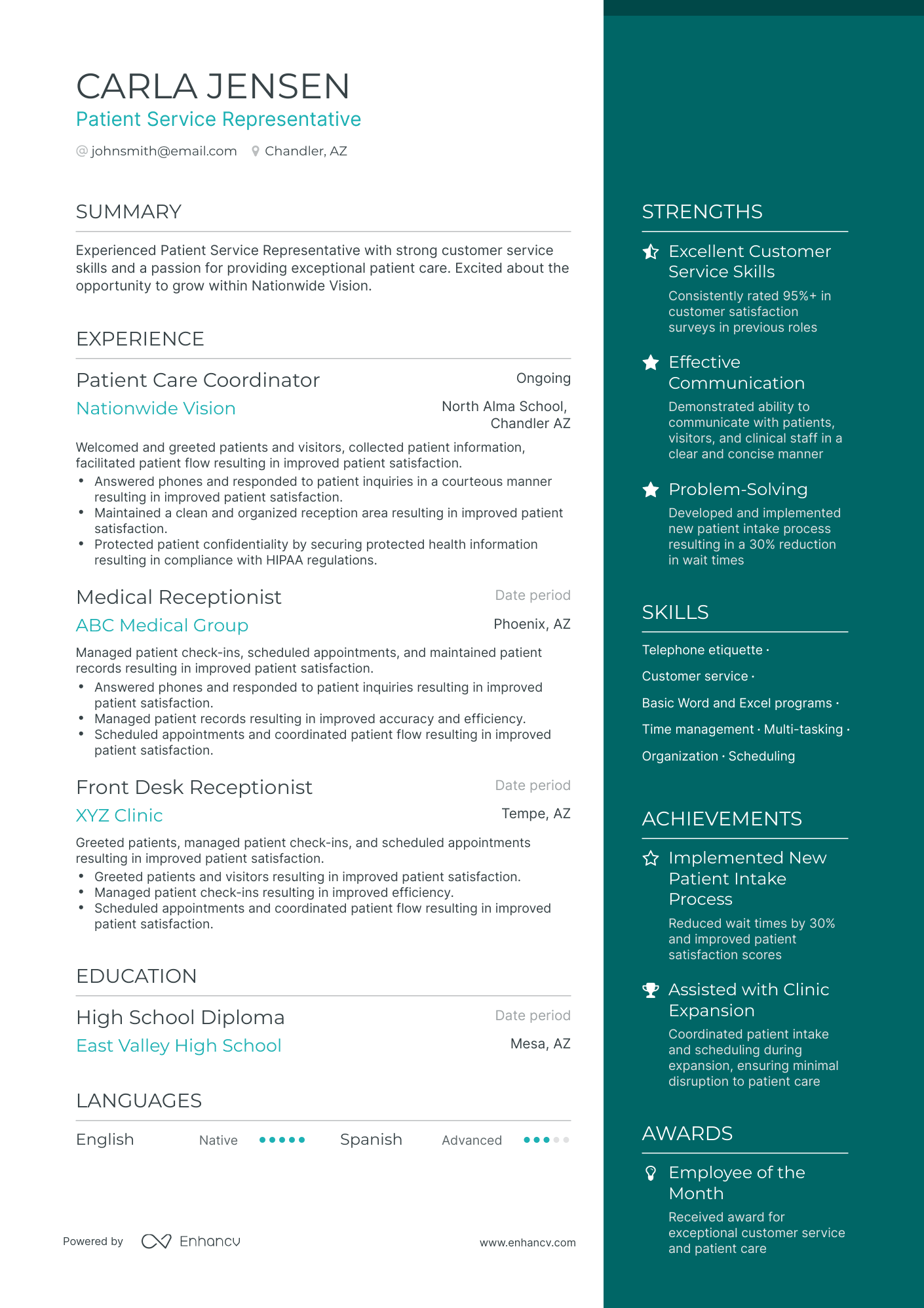 One Page Patient Service Representative Resume Template