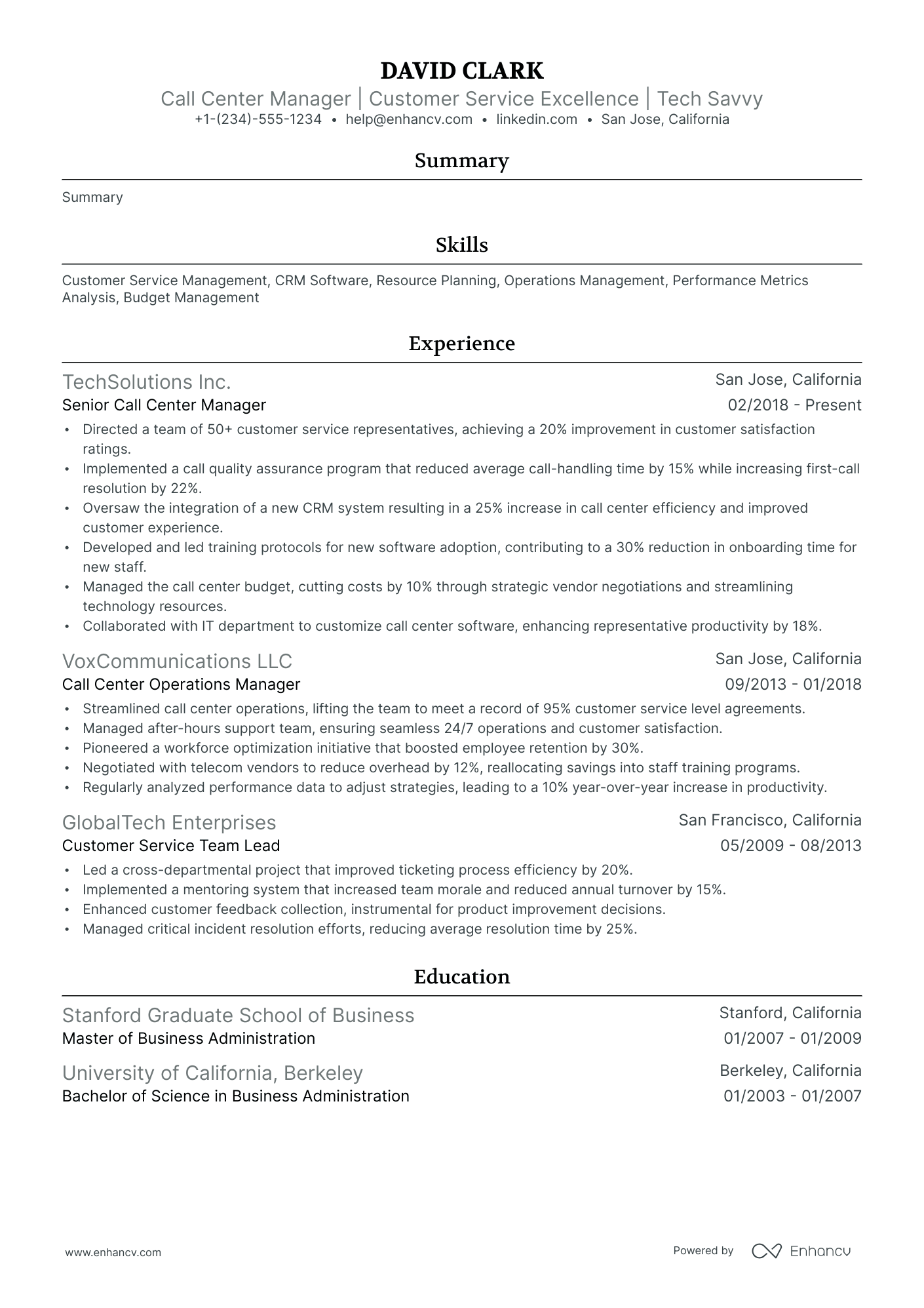 resume examples for call center manager