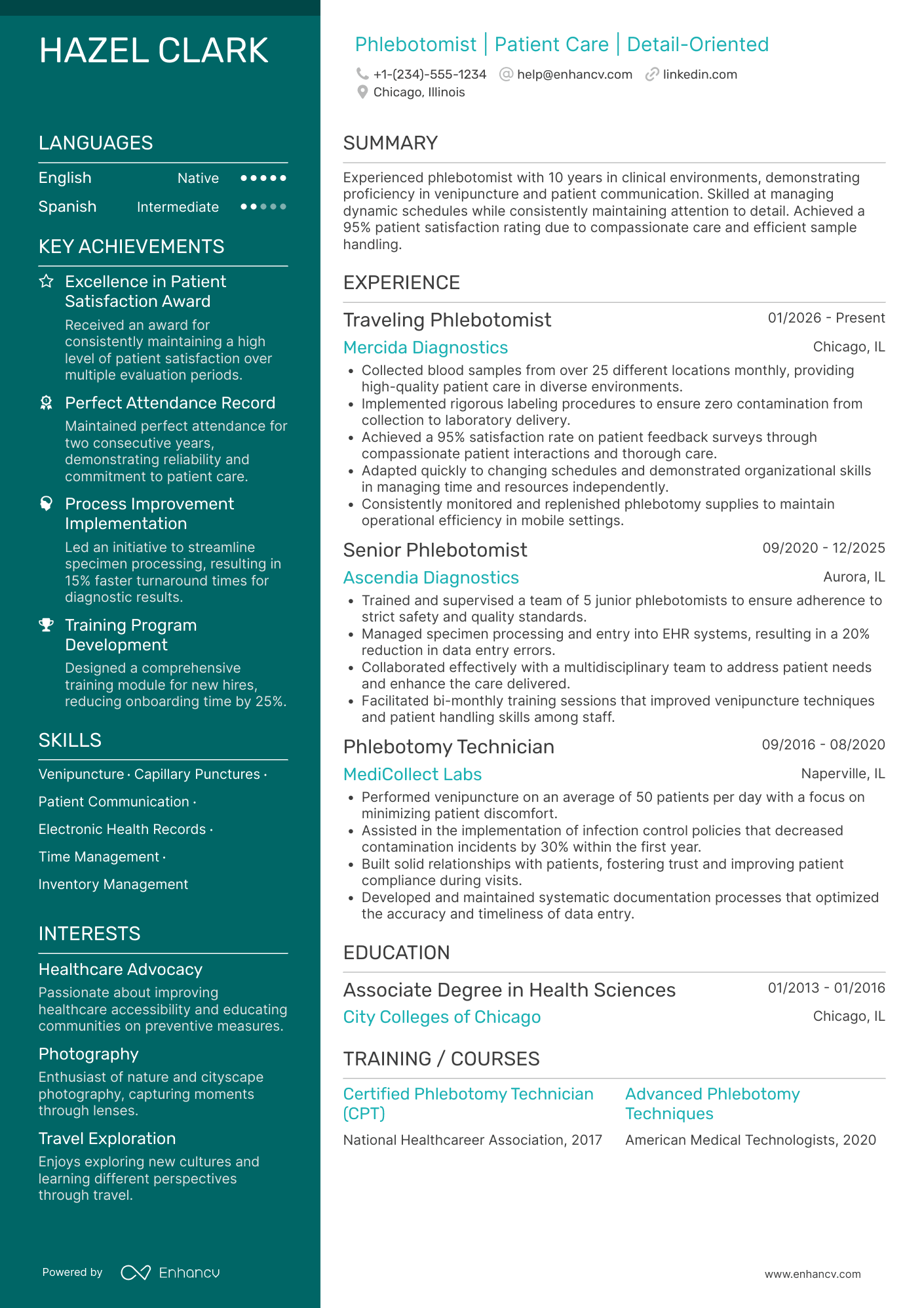 A resume example of a Traveling Phlebotomist